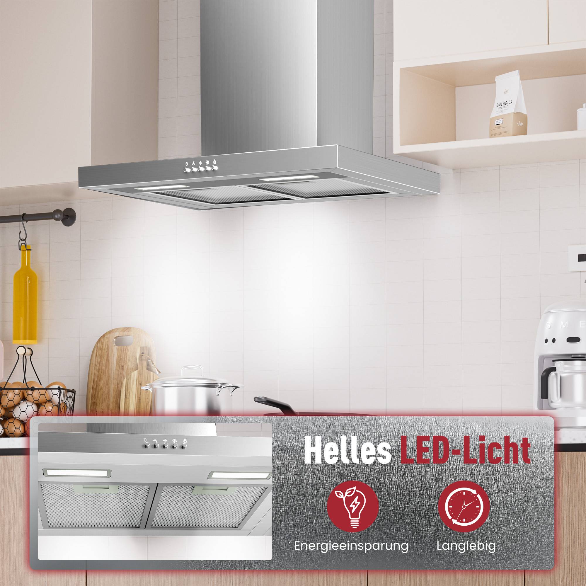 Dunstabzugshaube mit Produktbanner mit der Aufschrift „Helles LED-Licht