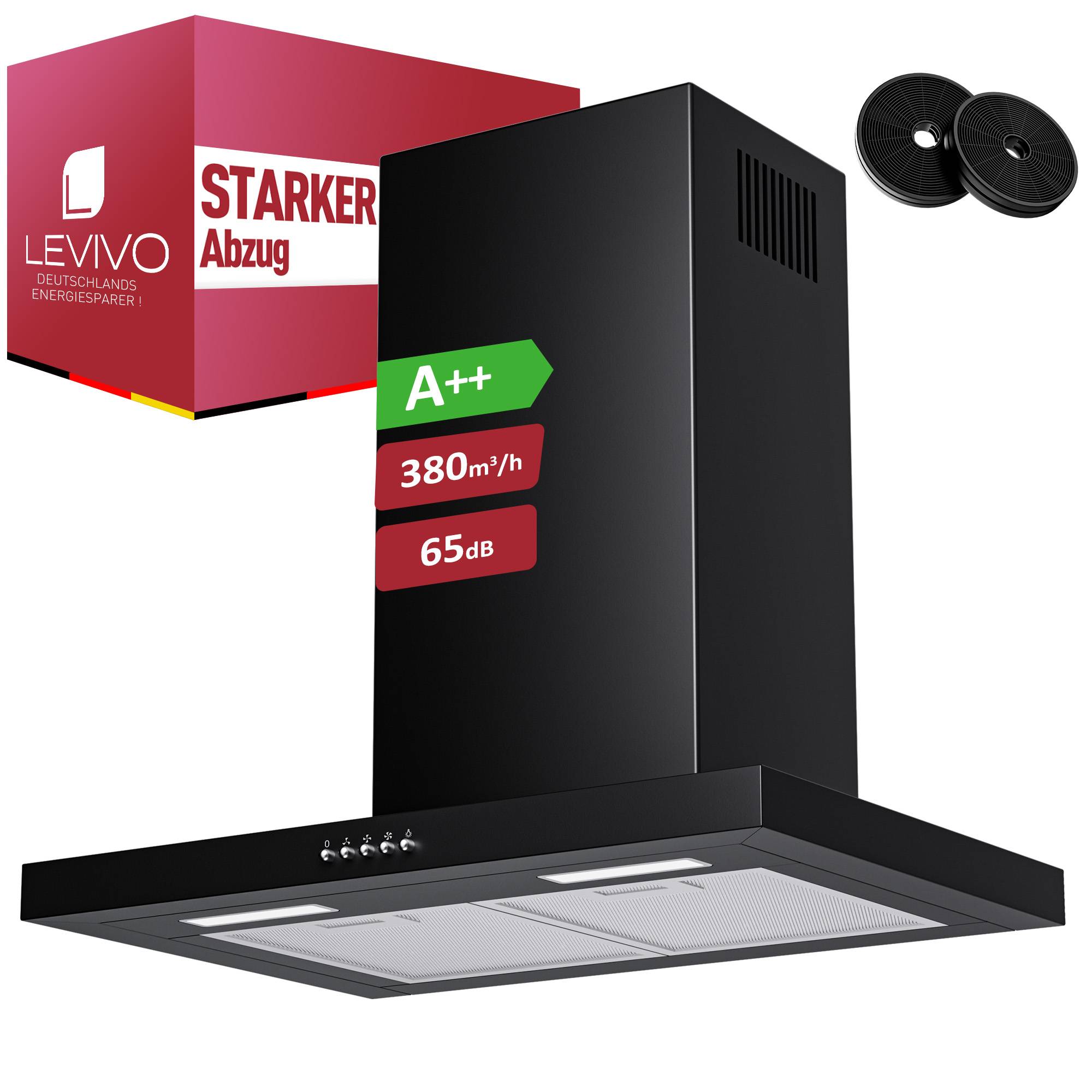 Schwarze LEVIVO Dunstabzugshaube mit Schornstein und Filtern, mit A++-Kennzeichnung, 380 m³/h, 65 dB; auf der Schachtel steht „Starker Abzug