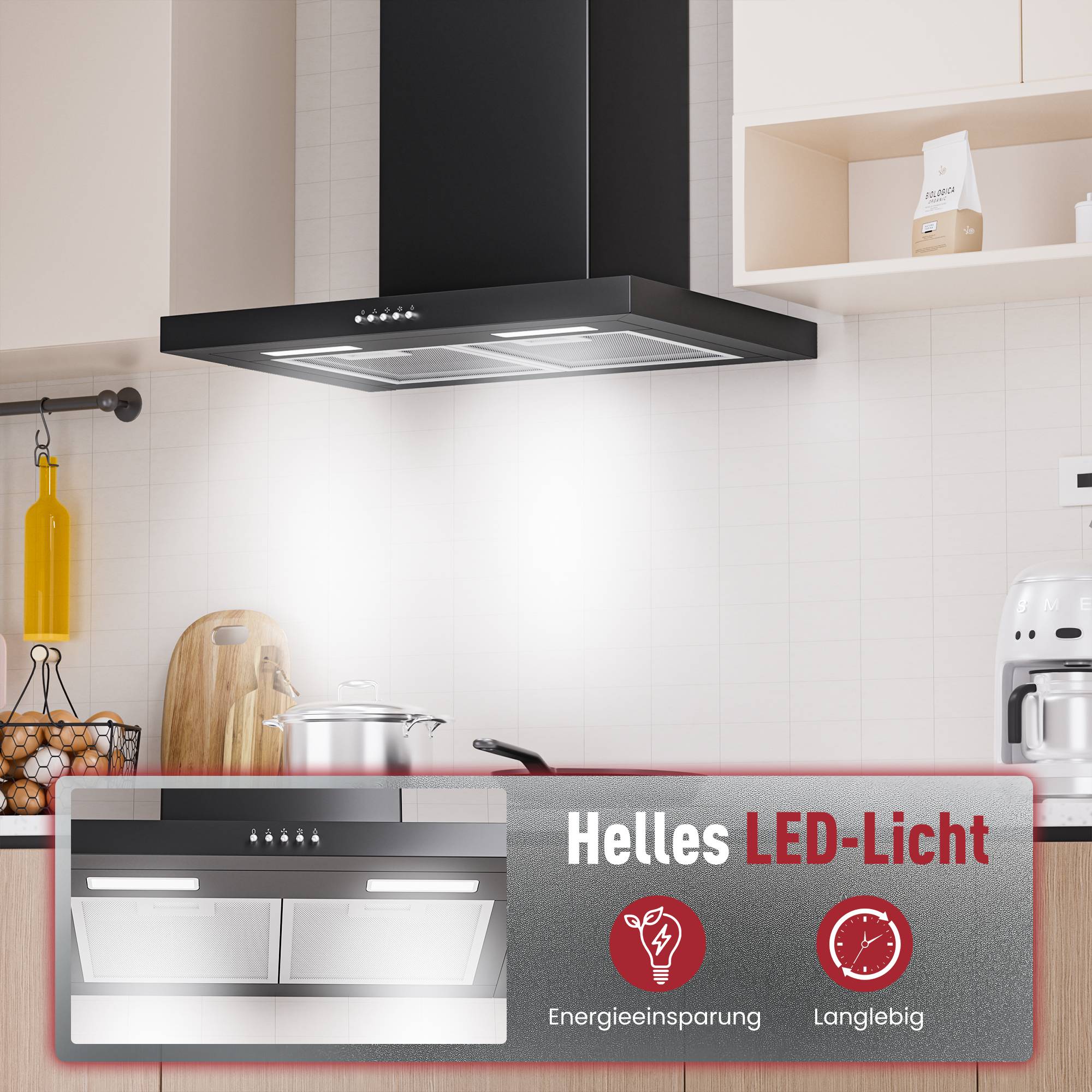 Schwarze Küchenabzugshaube über einem Kochfeld, mit einer eingefügten Anzeige, die das LED-Licht und den deutschen Text „Helles LED-Licht