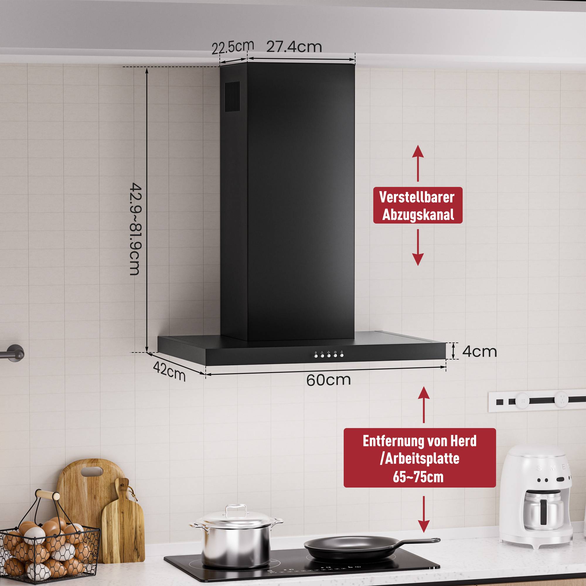 Verstellbare schwarze Dunstabzugshaube in einer Küche dargestellt, mit beschrifteten Abmessungen von 60 cm Breite, 42 cm Tiefe und 42,9–81,9 cm Höhe, sowie Hinweisen für verstellbaren Schacht und 65–75 cm Abstand über dem Herd.