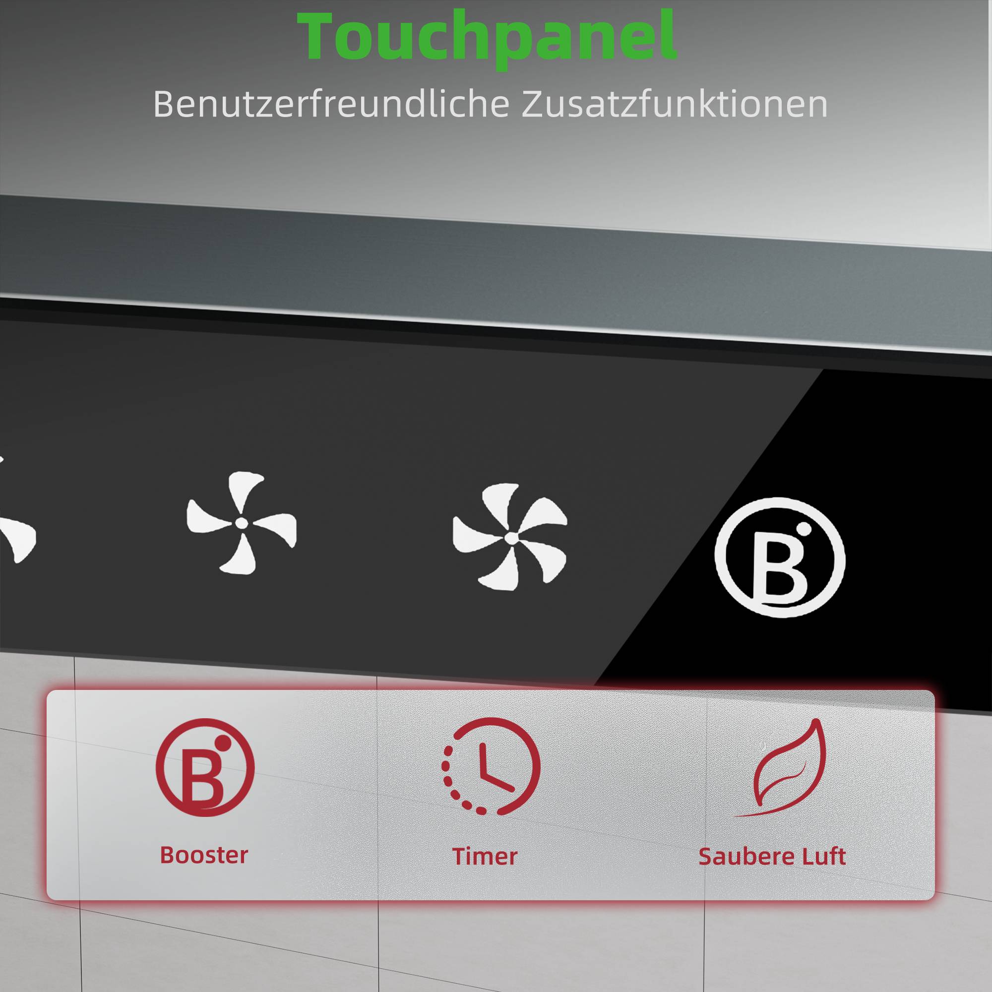 Touchpanel-Schnittstelle auf Deutsch mit zusätzlichen Funktionen: Schaltflächen für Booster, Timer und „Saubere Luft