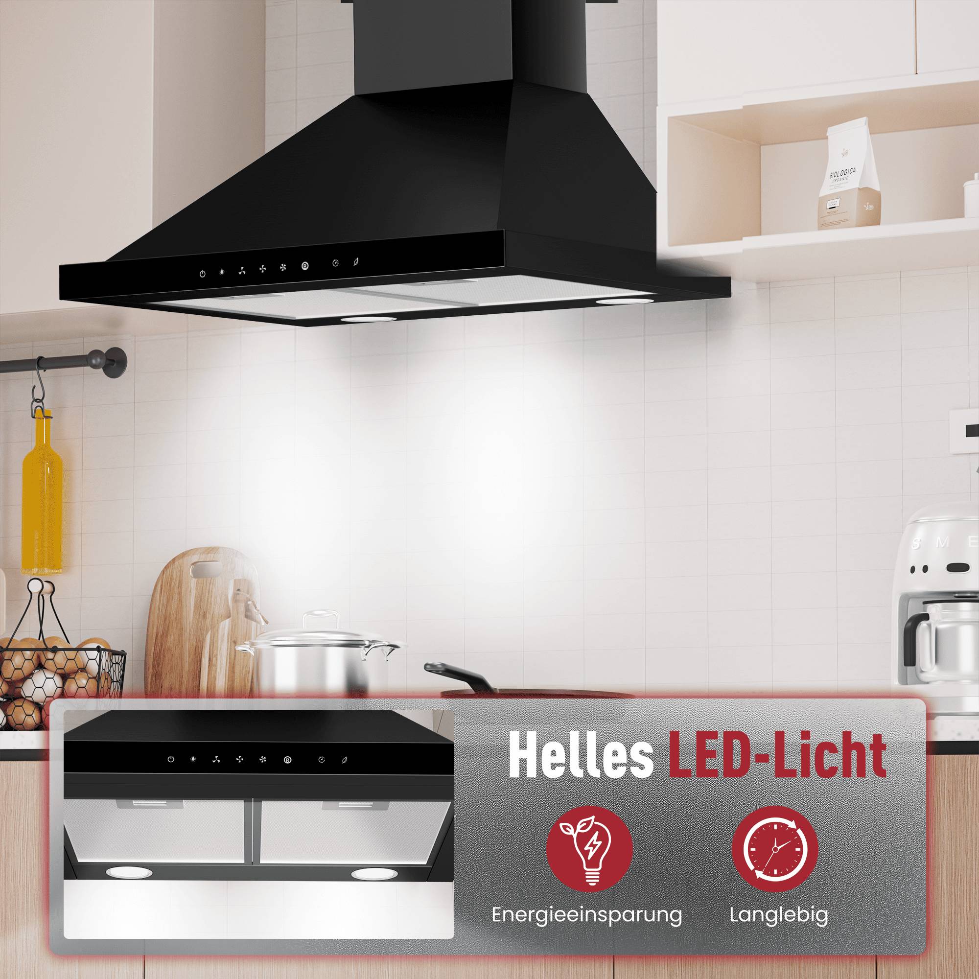 Schwarze Küchenabzugshaube über dem Herd in einer hellen modernen Küche, mit einem Werbebanner, das 'Helles LED-Licht', 'Energieeinsparung', 'Langlebig' zeigt.