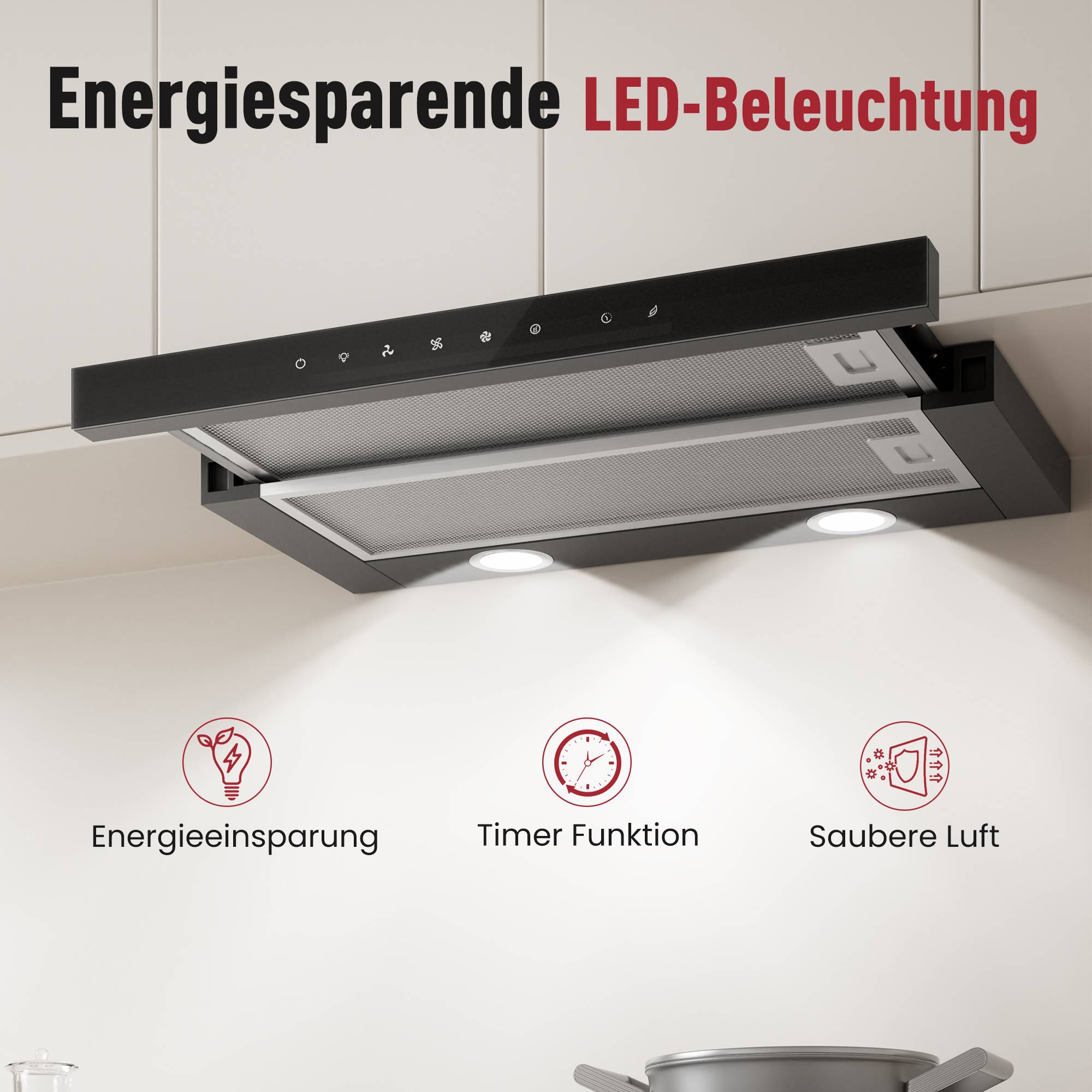 Produktbild einer Dunstabzugshaube mit „Energiesparender LED-Beleuchtung
