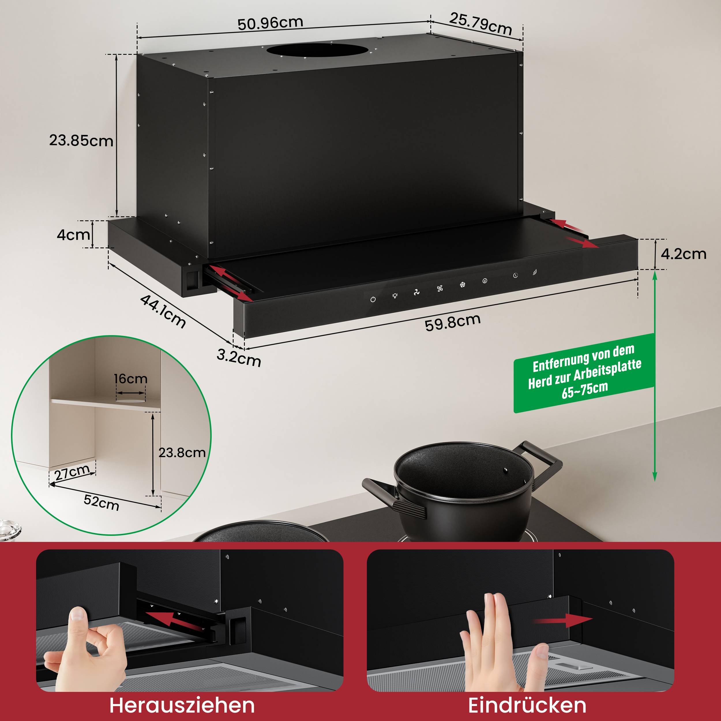 Levivo Flachschirmhaube A+++ Dunstabzugshaube 60cm mit 750 m³/h, LED