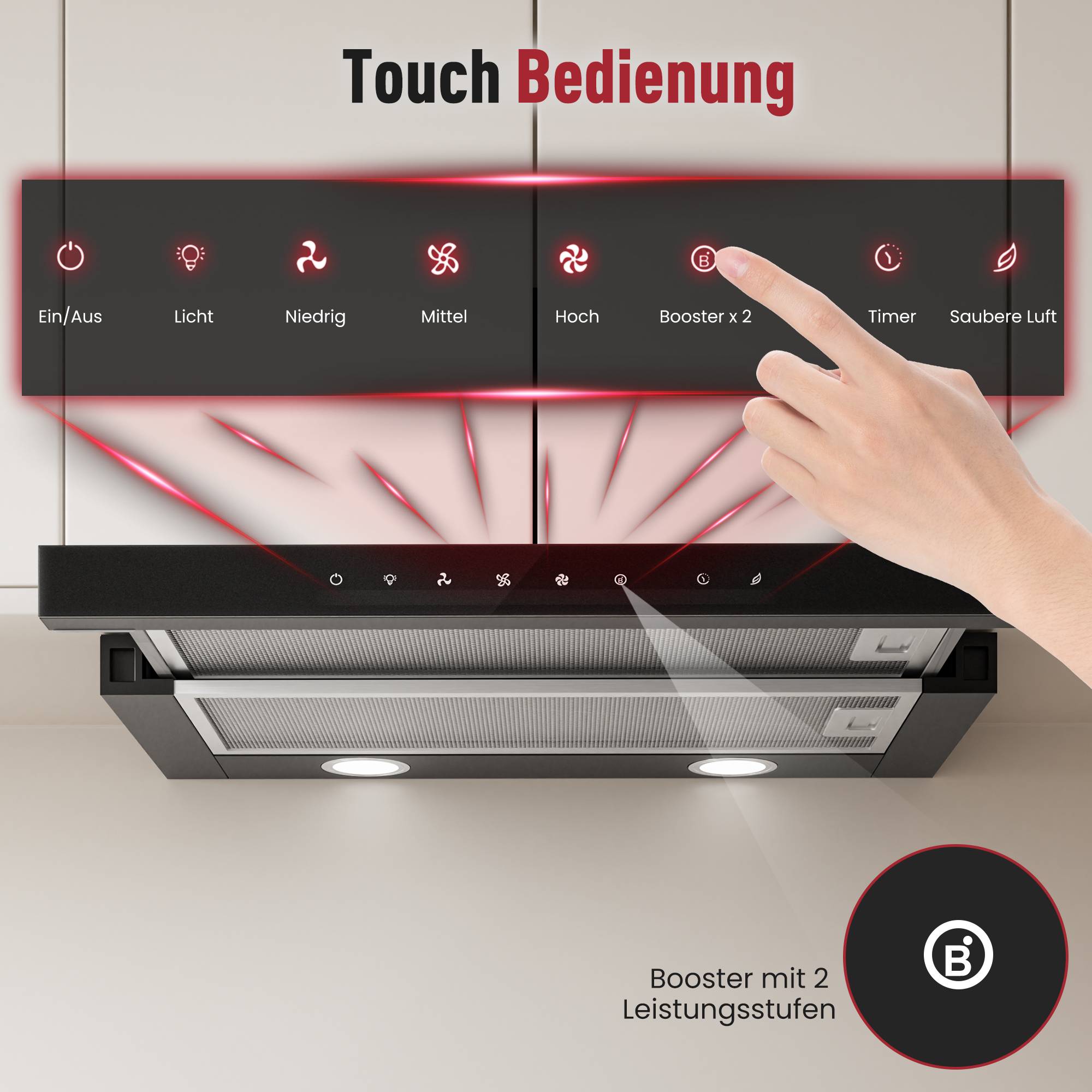 Wandmontierter Dunstabzug mit Touchbediening auf Deutsch, mit Stromversorgung, Beleuchtung, Lüftergschwindigkeiten, Booster, Timer und Luftreinigungsmodus; eine Hand tippt auf „Booster x 2