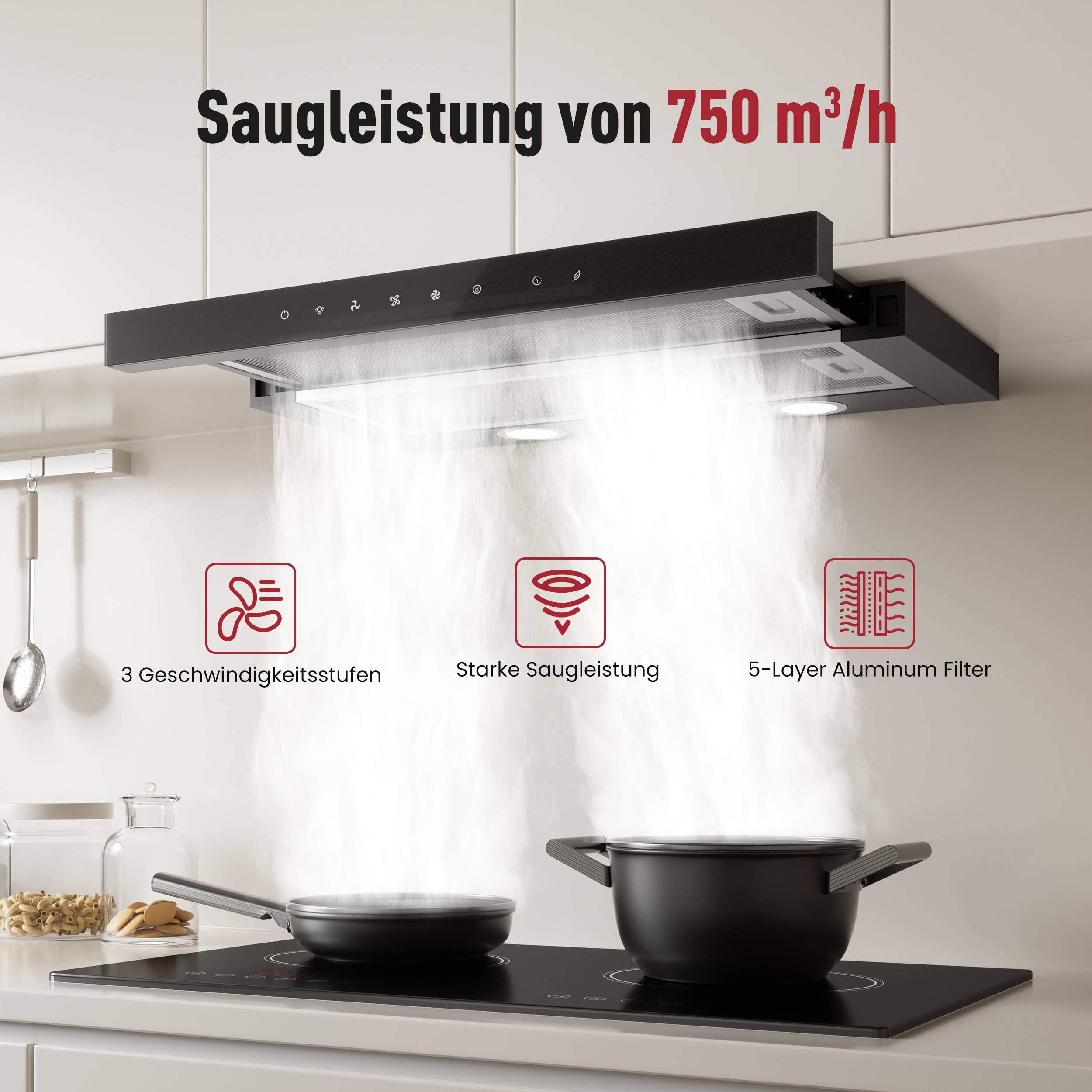 Dunstabzugshaube über dem Kochfeld mit Text „Saugleistung von 750 m³/h