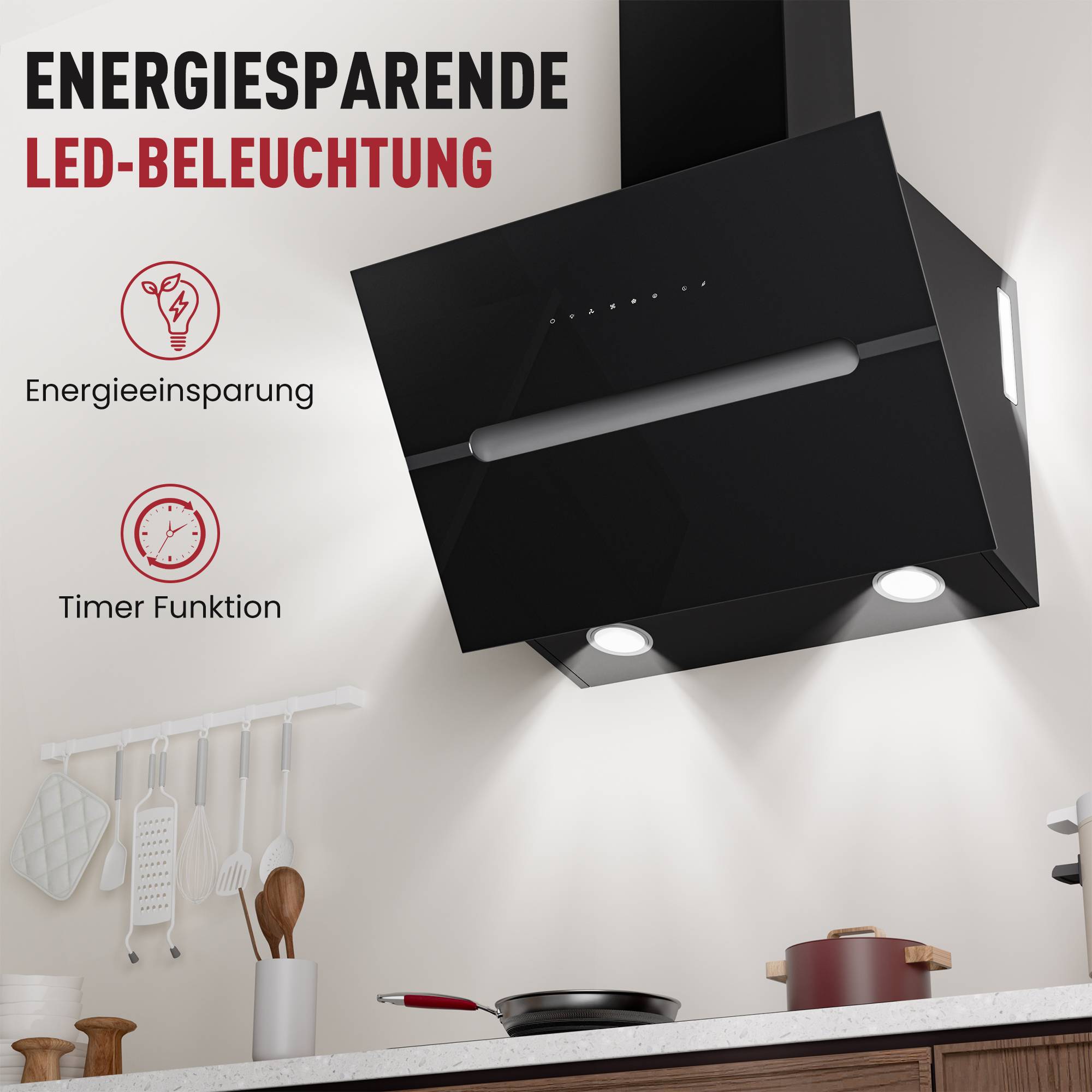Schwarze Küchenabzugshaube mit LED-Leuchten, angepriesen als „Energiesparende LED-Beleuchtung
