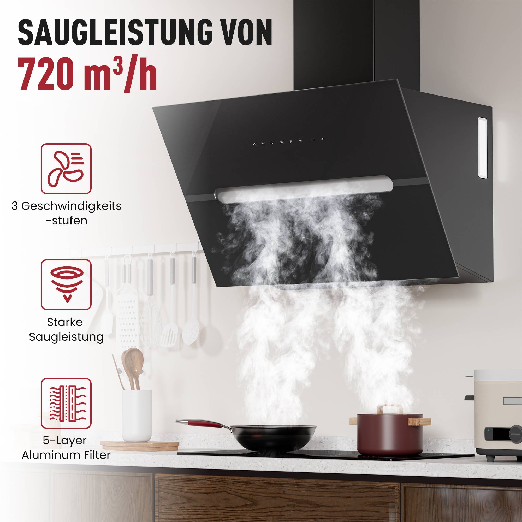 # Küchenlüftungshaube mit 720 m³/h Absaugleistung, 3 Geschwindigkeitsstufen, starke Extraktion und 5-schichtigem Aluminiumfilter, dargestellt über einem Herd mit Dampf.