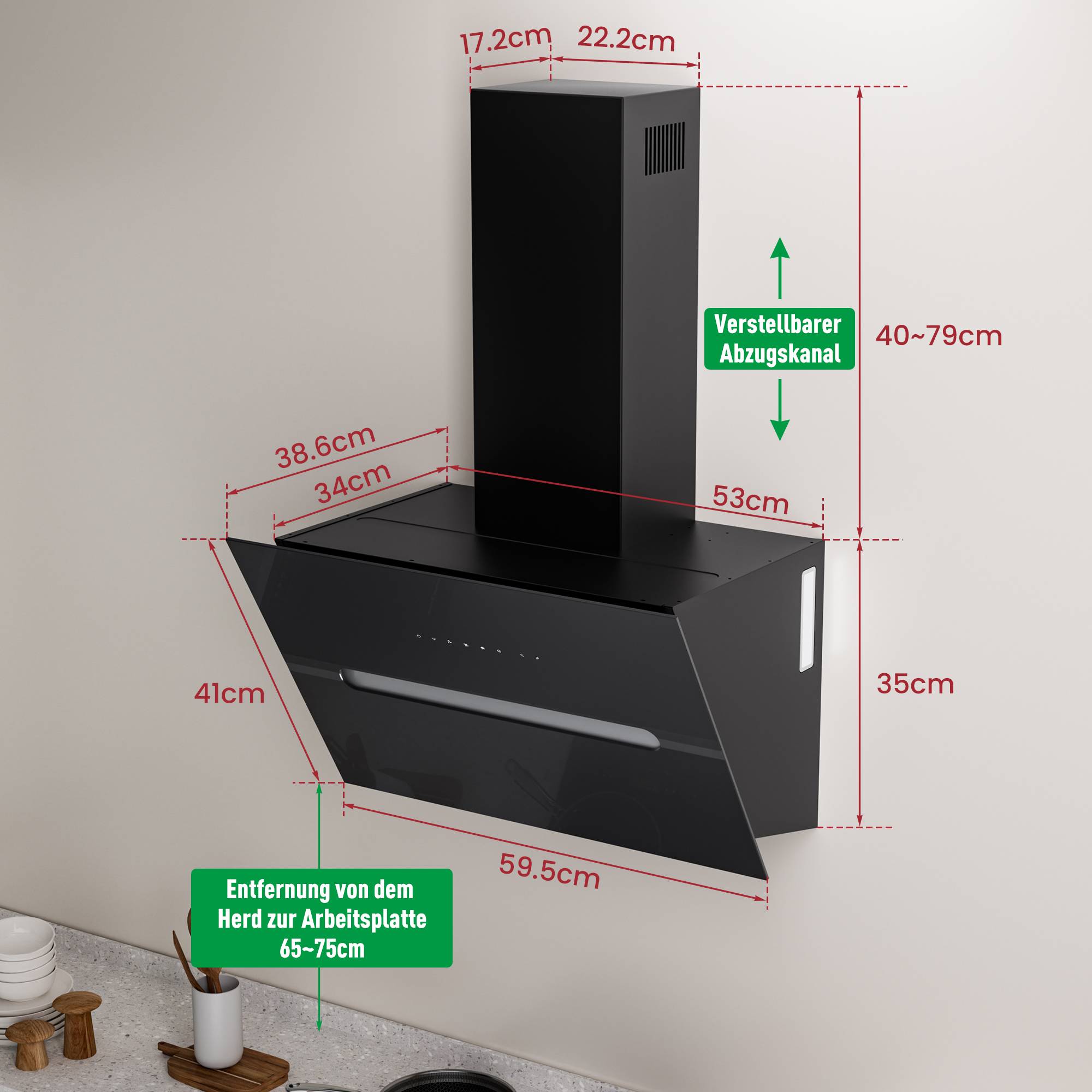 An der Wand montierte schwarze Dunstabzugshaube mit verstellbarem Kanal, gezeigt mit Abmessungen: 59,5 cm Breite, 35 cm Höhe, 40-79 cm Kanal und 65-75 cm Montagehöhe.