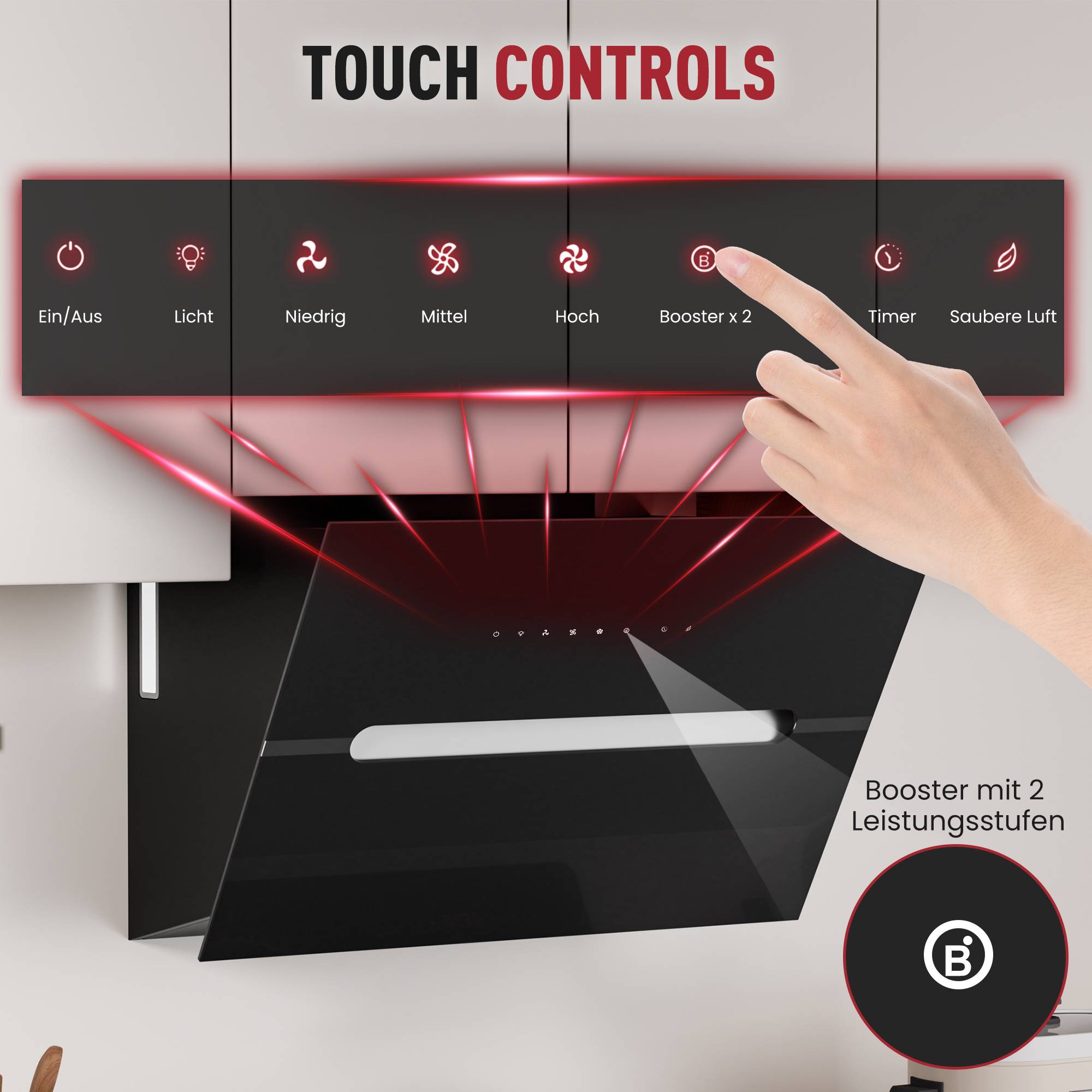Touchsteuerungen an einer Dunstabzugshaube: Tasten für Ein/Aus, Licht, Lüftergeschwindigkeit niedrig/mittel/hoch, Booster x2, Timer und Luftreinigung, mit einer Hand, die eine Steuerung betätigt.