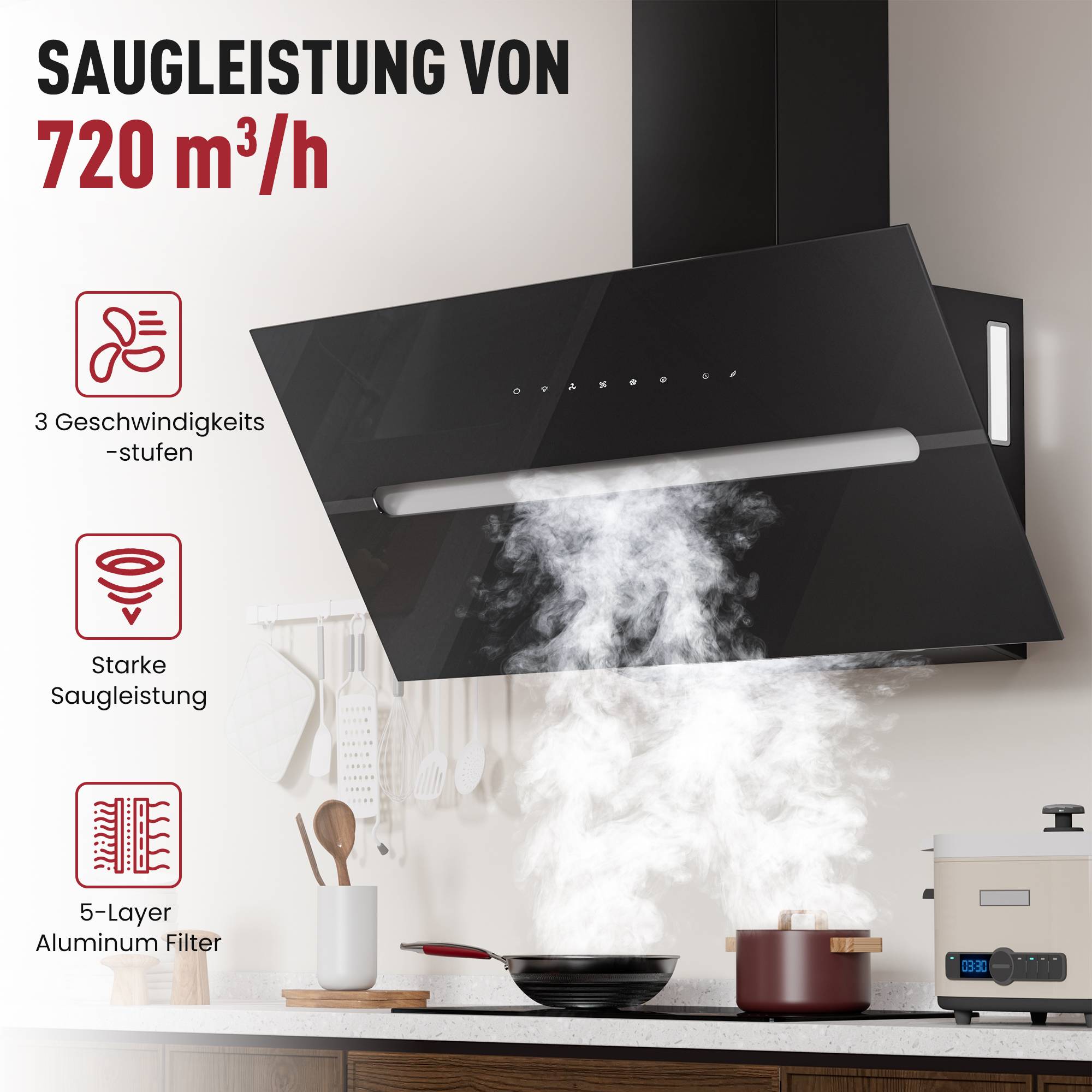 Werbebild einer schwarzen Dunstabzugshaube über einem Herd mit Dampf, gekennzeichnet mit „SAUGLEISTUNG VON 720 m³/h
