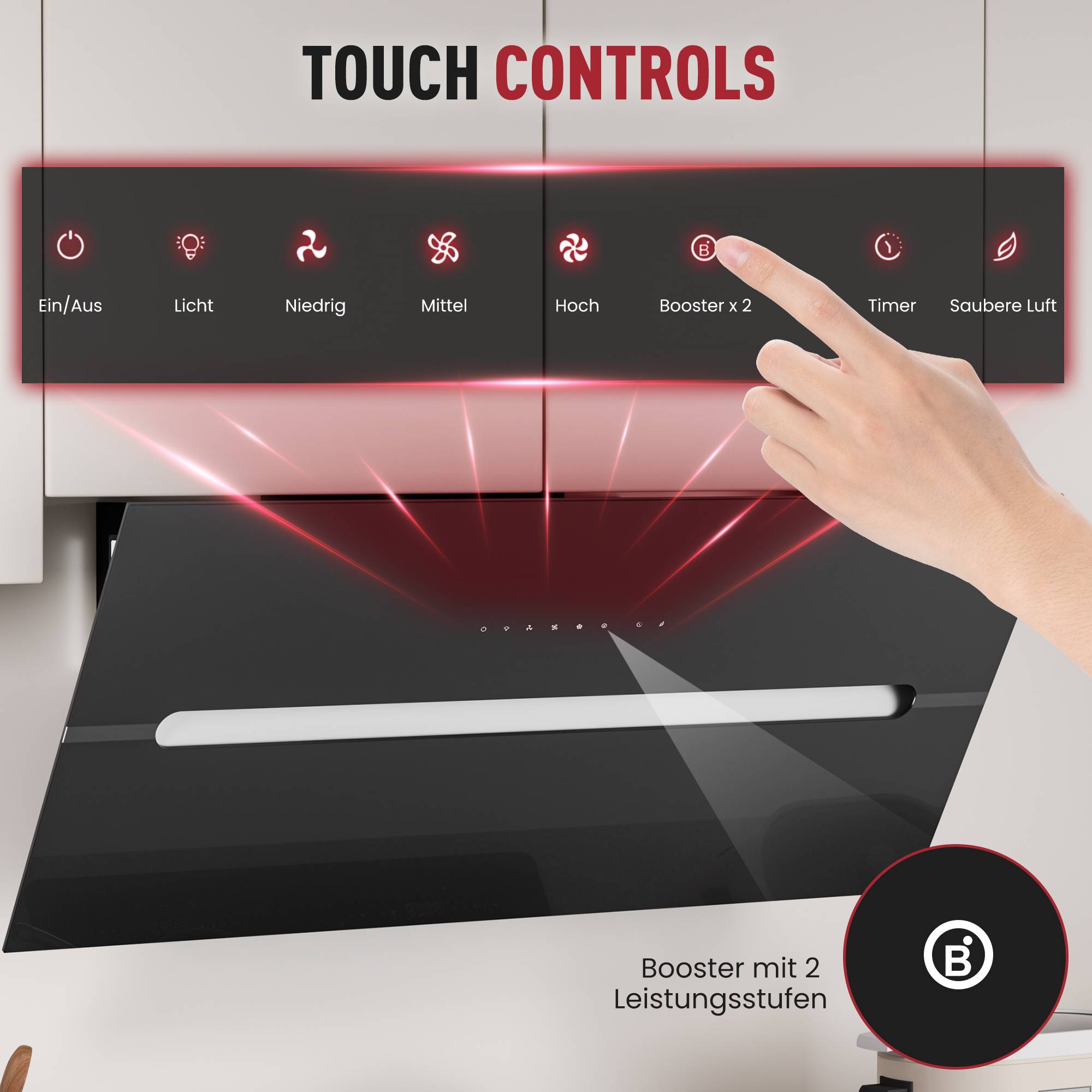 Touchbedienfeld für eine Dunstabzugshaube mit Symbolen in deutscher Sprache für Stromversorgung, Licht, Lüftergeschwindigkeiten, Turbo, Timer und Luftreinigung; Hand drückt auf Turbo.