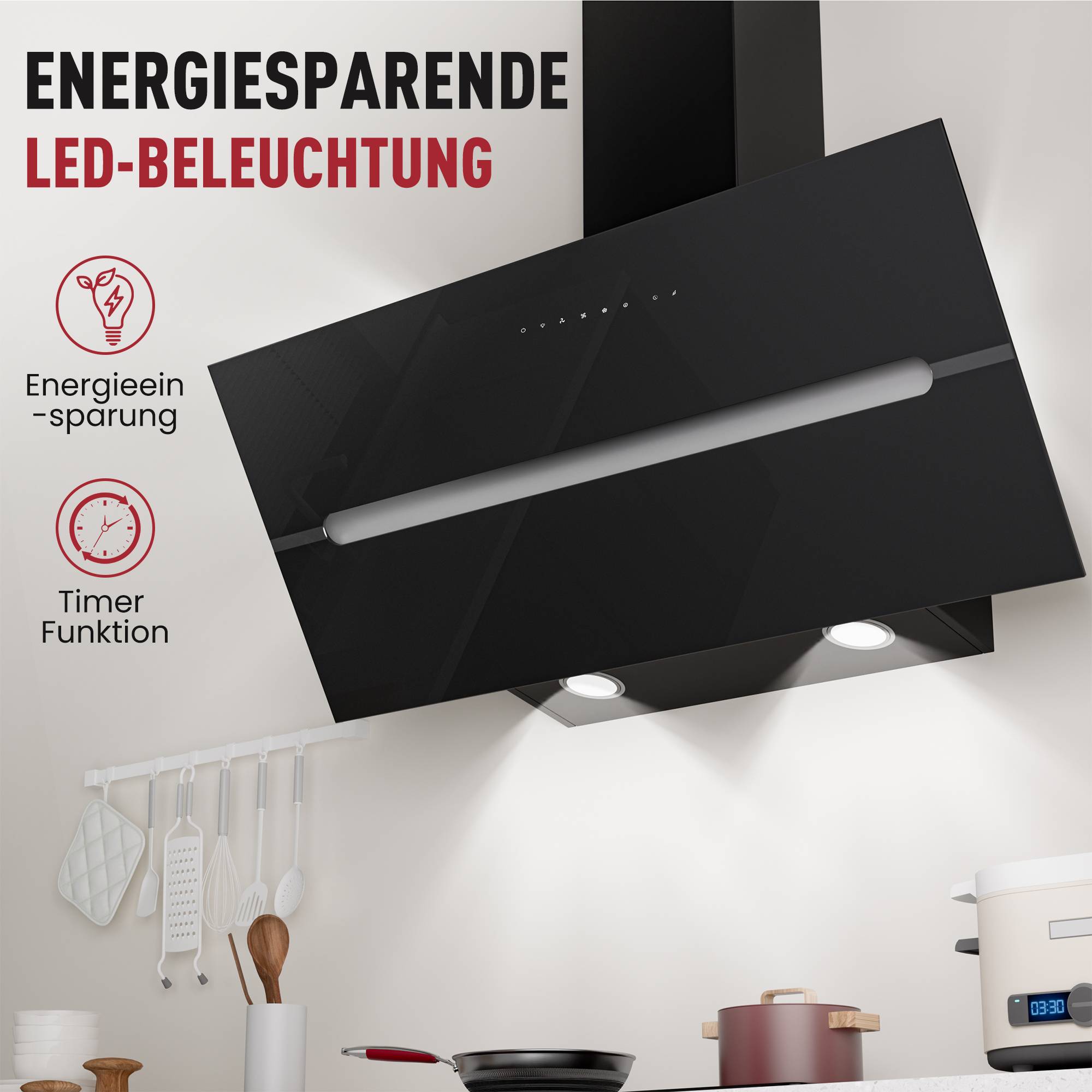 Werbebild einer schwarzen LED-Dunstabzugshaube für die Küche mit integriertem Licht, gekennzeichnet mit „Energiesparende LED-Beleuchtung