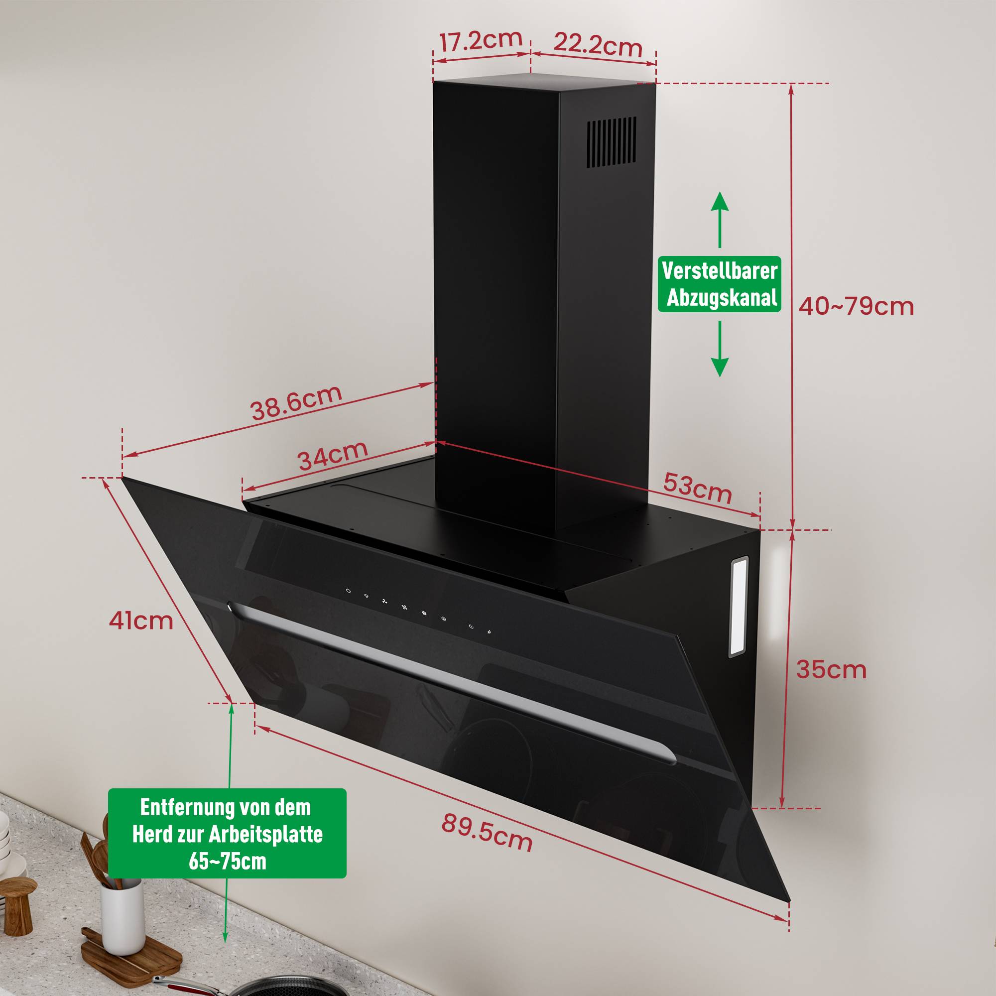 Schwarze wandmontierte Dunstabzugshaube mit verstellbarem Rohr, zeigt Abmessungen und Passfähigkeitsbereich für Kochfelder: 89,5 cm breit, 40–79 cm Kamin, 65–75 cm Abstand vom Herd.