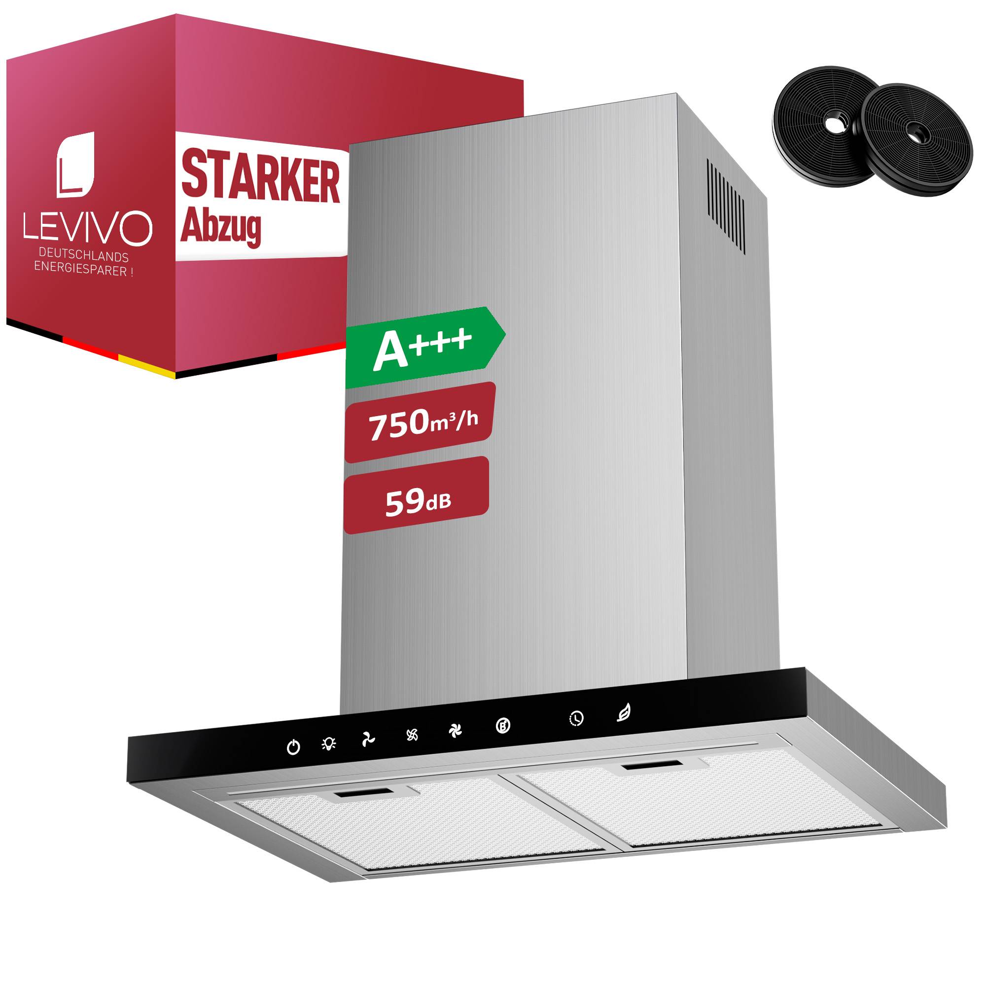 Produktbild einer silbernen Dunstabzugshaube der Marke LEVIVO mit schwarzem Bedienfeld, gekennzeichnet mit A+++ 750 m³/h und 59 dB, mit zwei Lüfterfiltern in der Verpackung.