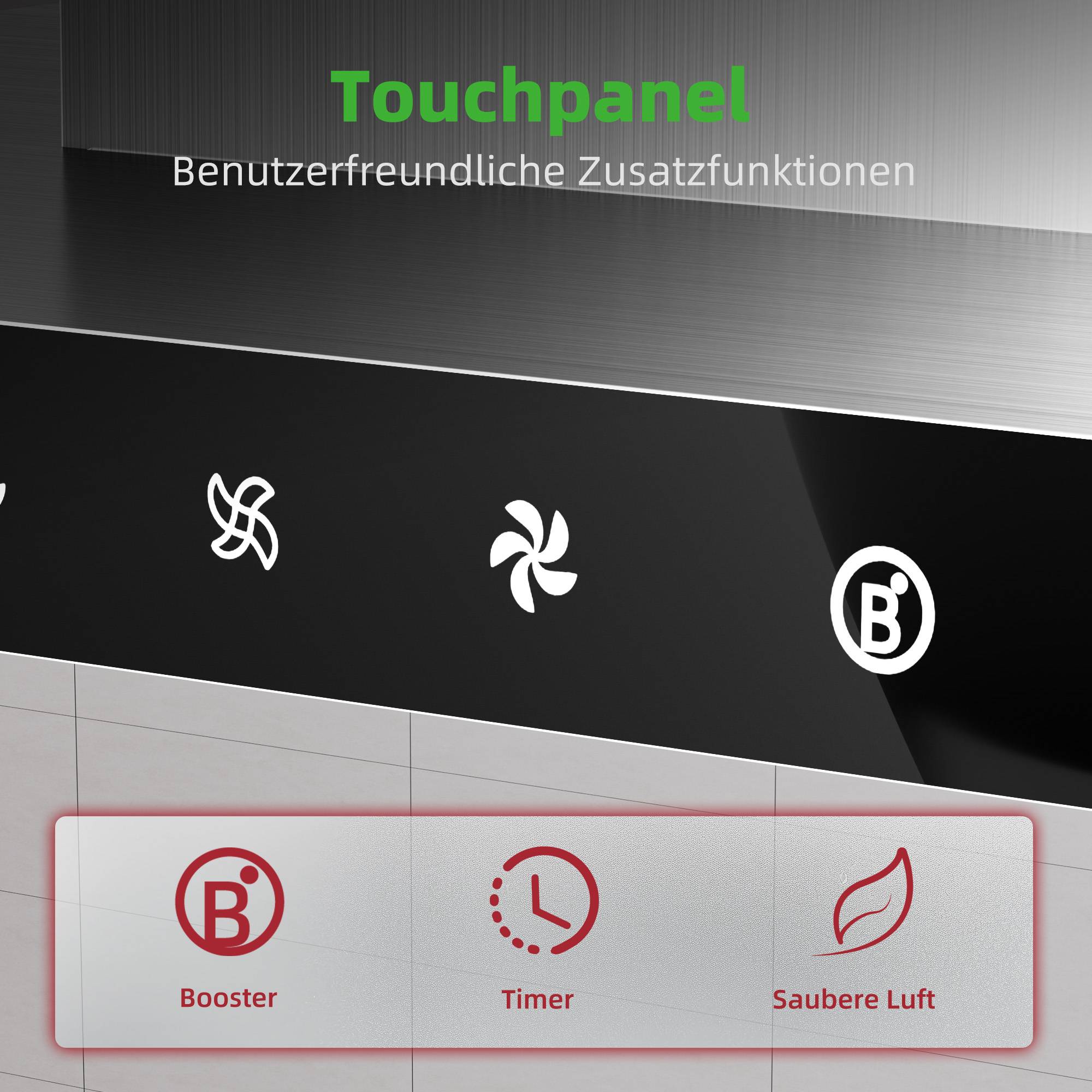 Touchpanel mit deutschen Beschriftungen „Benutzerfreundliche Zusatzfunktionen