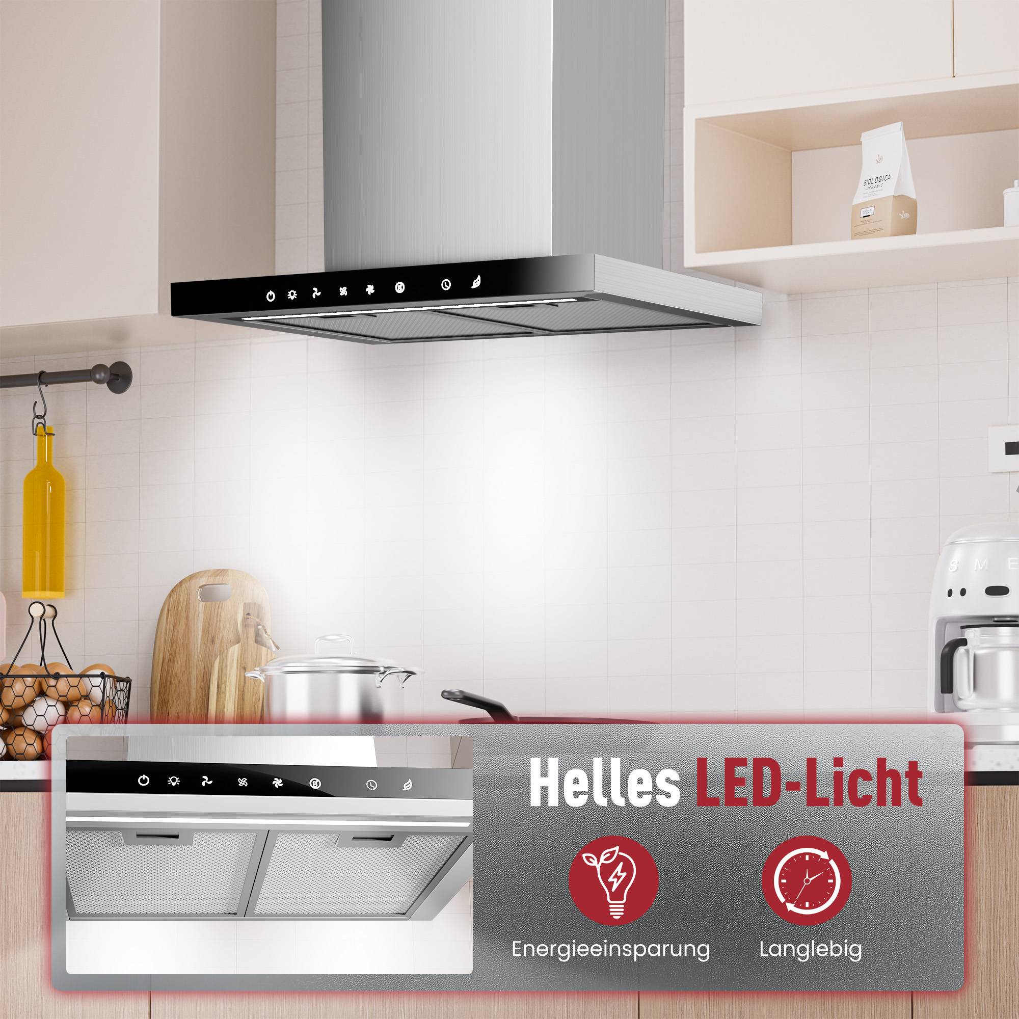 Dunstabzugshaube über einer Kochfläche, mit einer eingefügten Anzeige, die „Helles LED-Licht