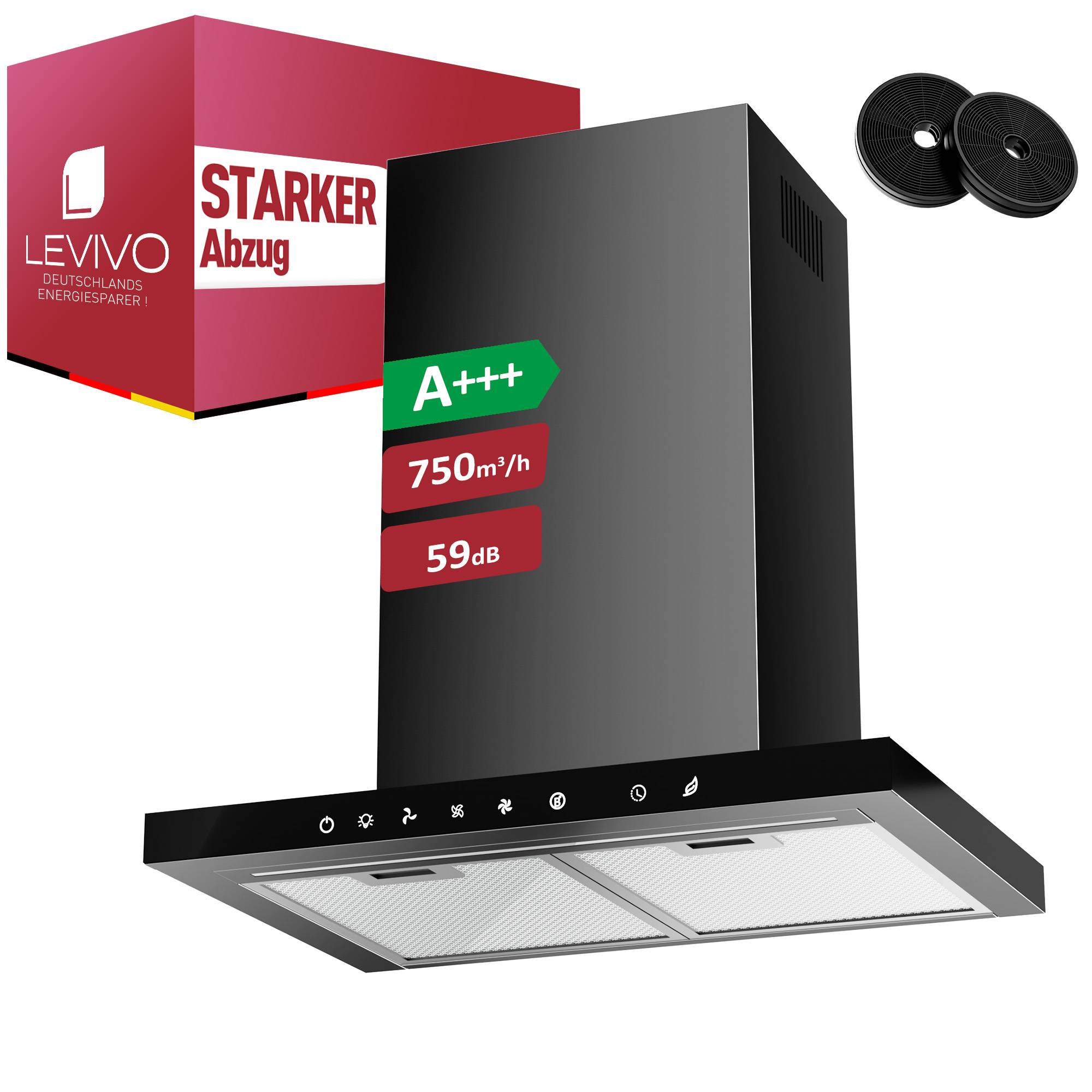 Schwarze wandmontierte Dunstabzugshaube für die Küche mit Touchbedienung, zwei Fettfilter, A+++-Label, 750 m³/h, 59 dB; in Originalkarton mit Markenverpackung und zwei schwarze Filter abgebildet.