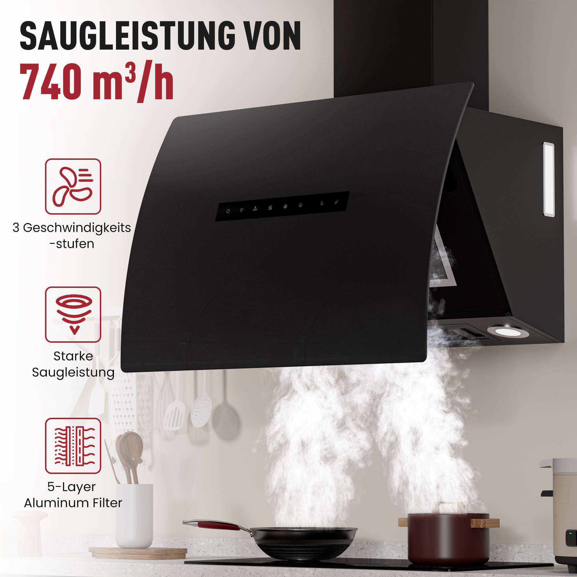 Schwarze Dunstabzugshaube mit aufsteigendem Dampf aus einer Pfanne und einem Topf; der Text hebt „SAUGLEISTUNG VON 740 m3/h