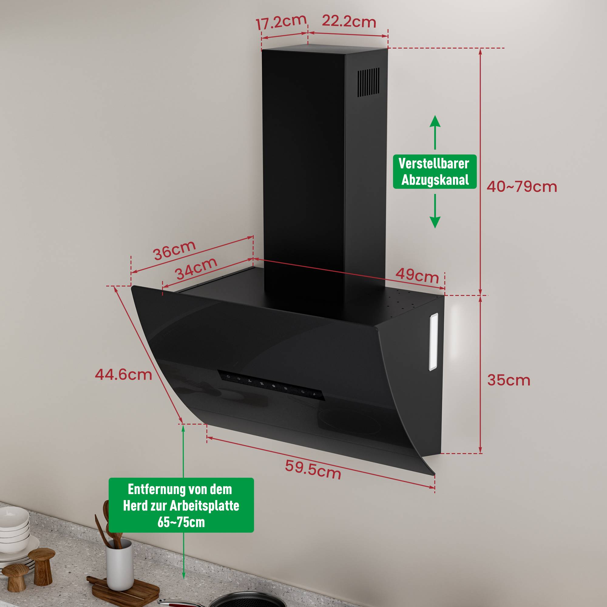 An der Wand montierte schwarze Dunstabzugshaube mit Größenmessungen und Installationsabständen; verstellbare Rohrhöhe 40–79 cm und Abstand vom Herd zur Arbeitsfläche 65–75 cm.