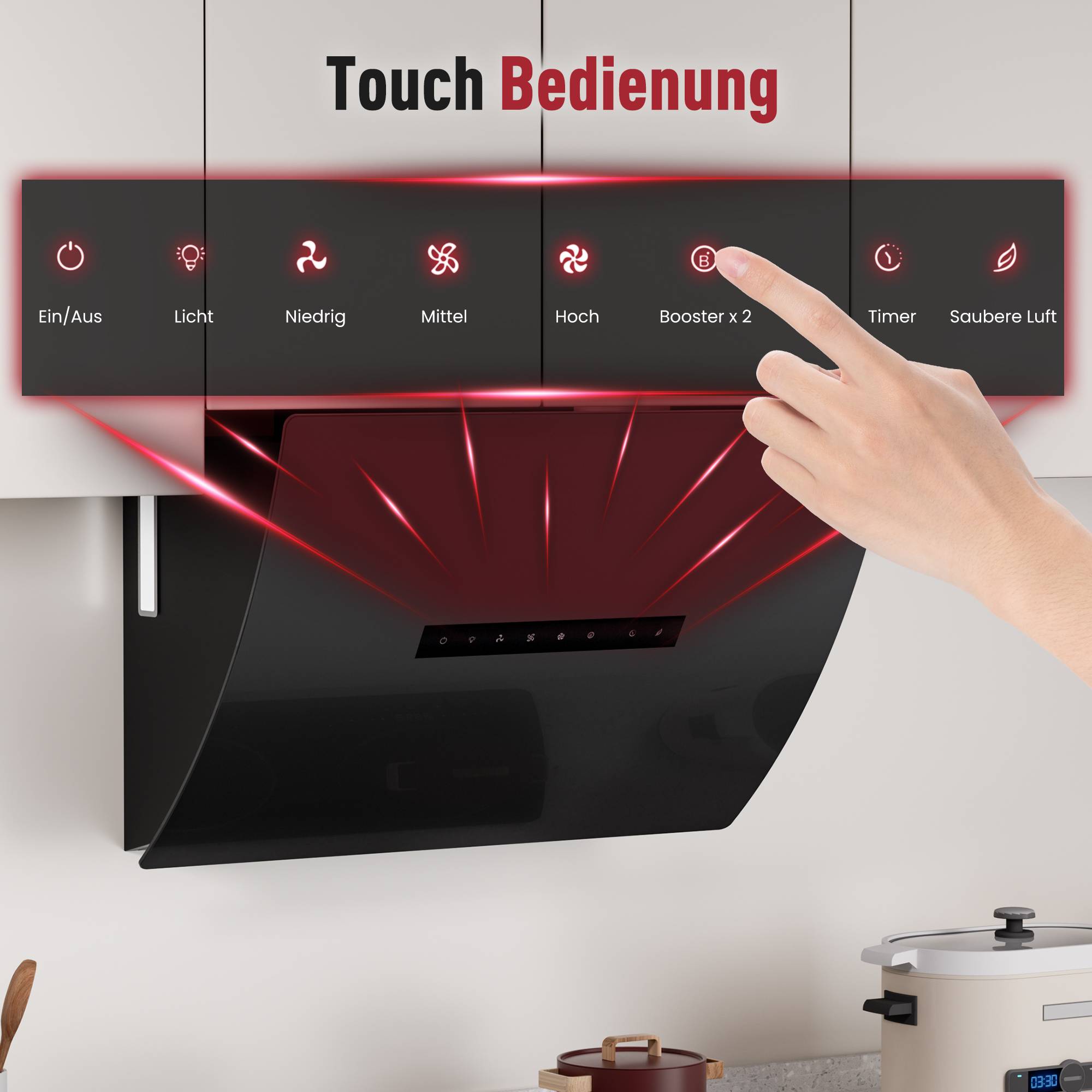Wandmontierte Dunstabzugshaube mit Touchbedienung mit Beschriftungen „Ein/Aus