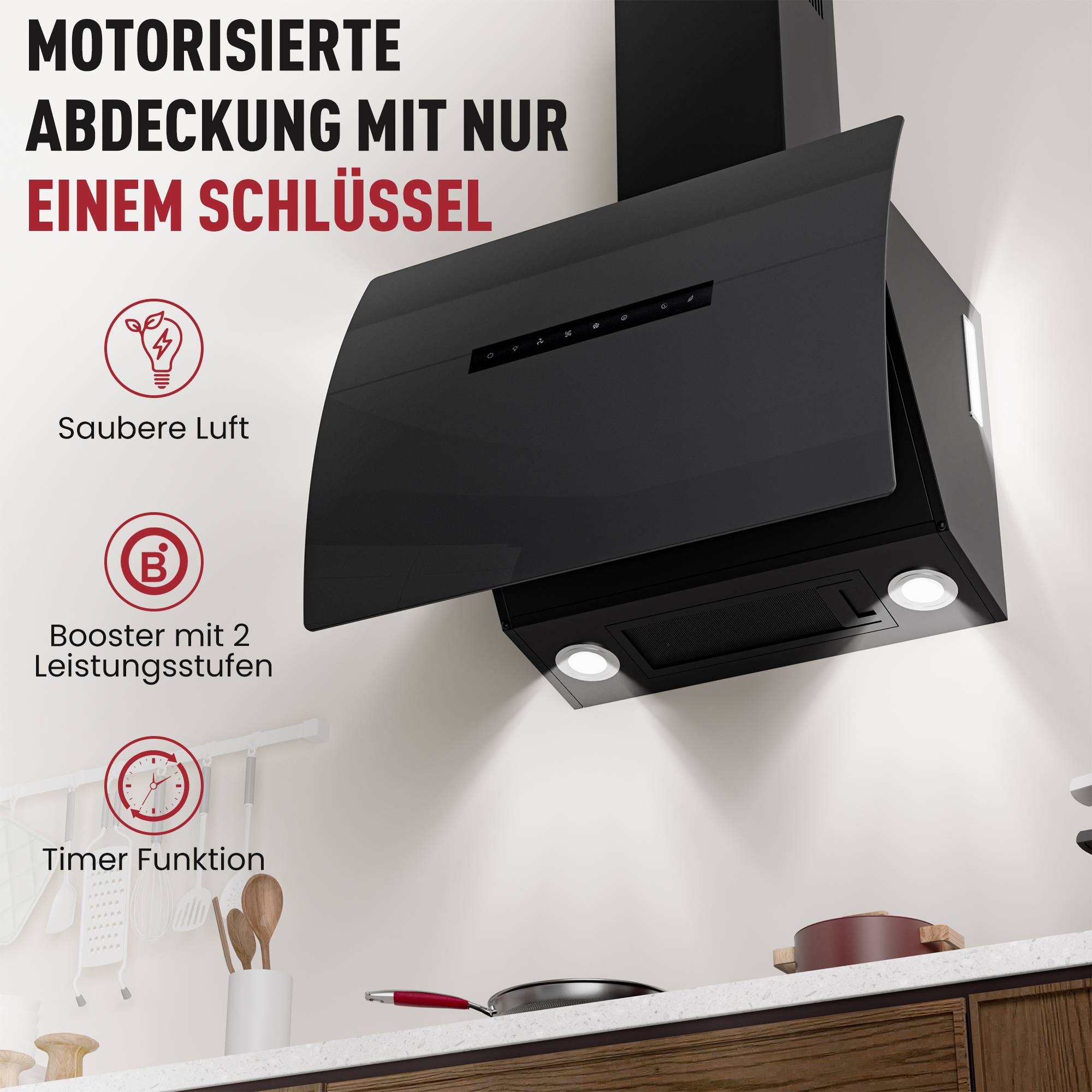 Schwarze wandmontierte Dunstabzugshaube in einer Küche bewirbt „motorisierter Deckel mit einer Taste