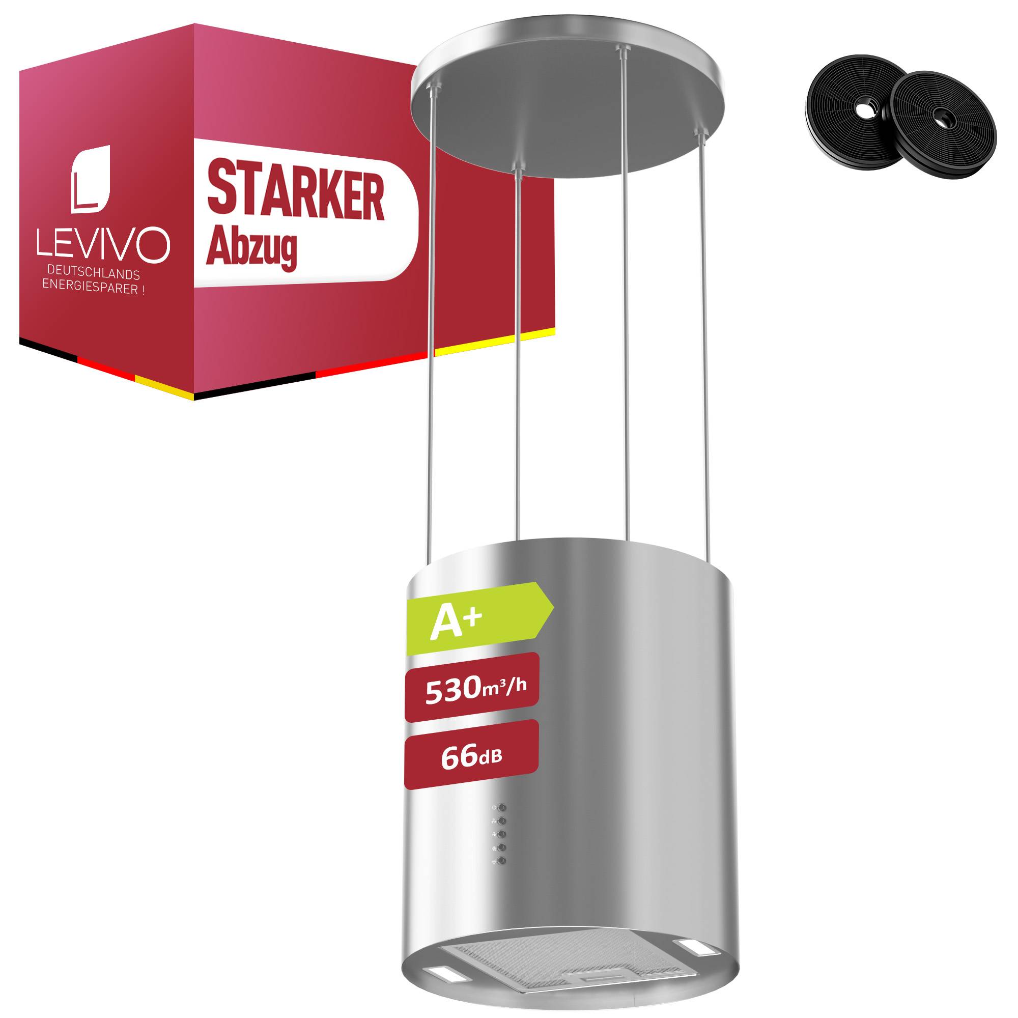 Silberne zylindrische Dunstabzugshaube für die Decke mit Karton mit der Aufschrift 'LEIVVO' und 'STARKER Abzug'; Produktetiketten zeigen A+, 530 m³/h und 66 dB.