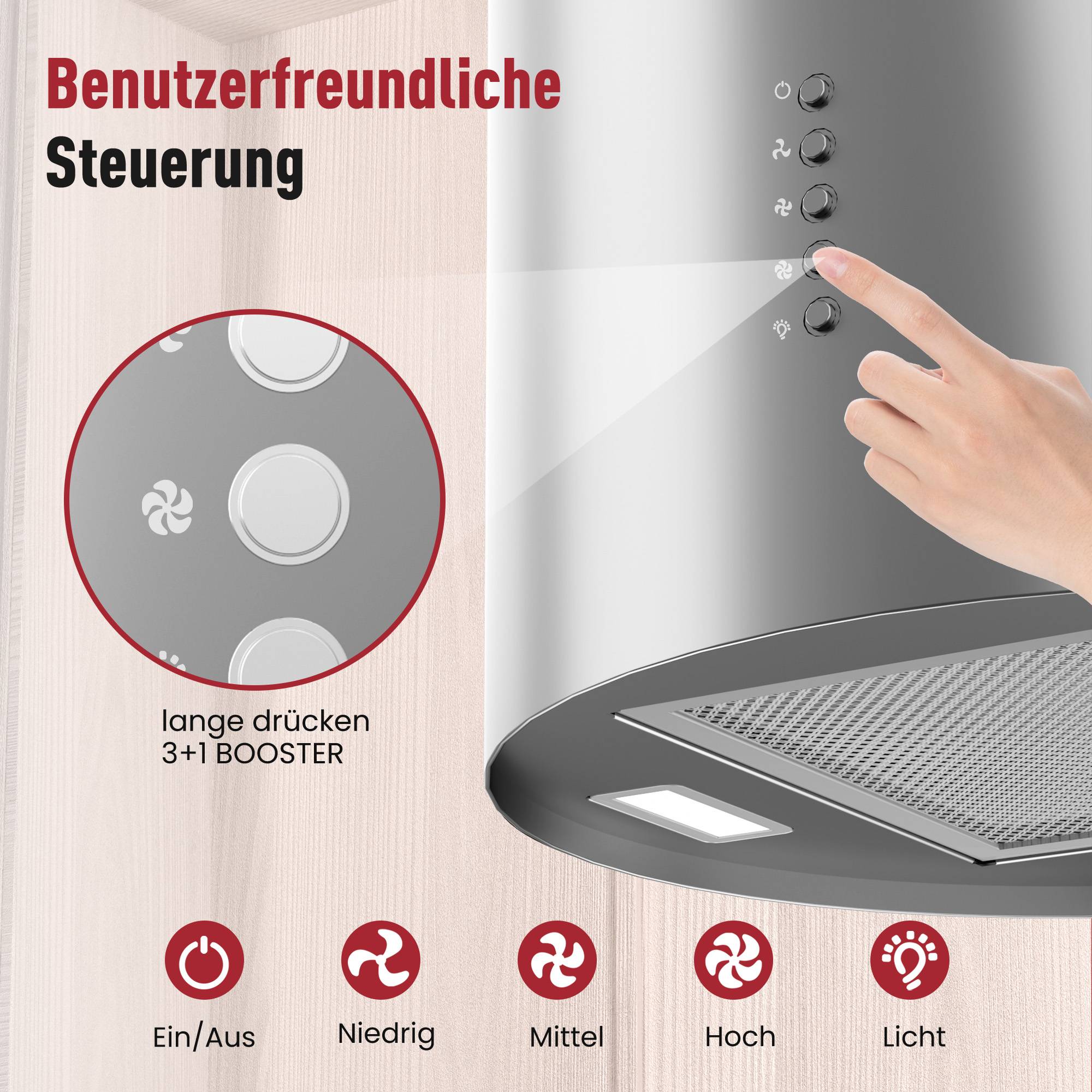 Bedienfeld der Küchenabzugshaube mit beschrifteten Tasten für Ein/Aus, Niedrig, Mittel, Hoch und Licht, sowie Funktion „3+1 BOOSTER