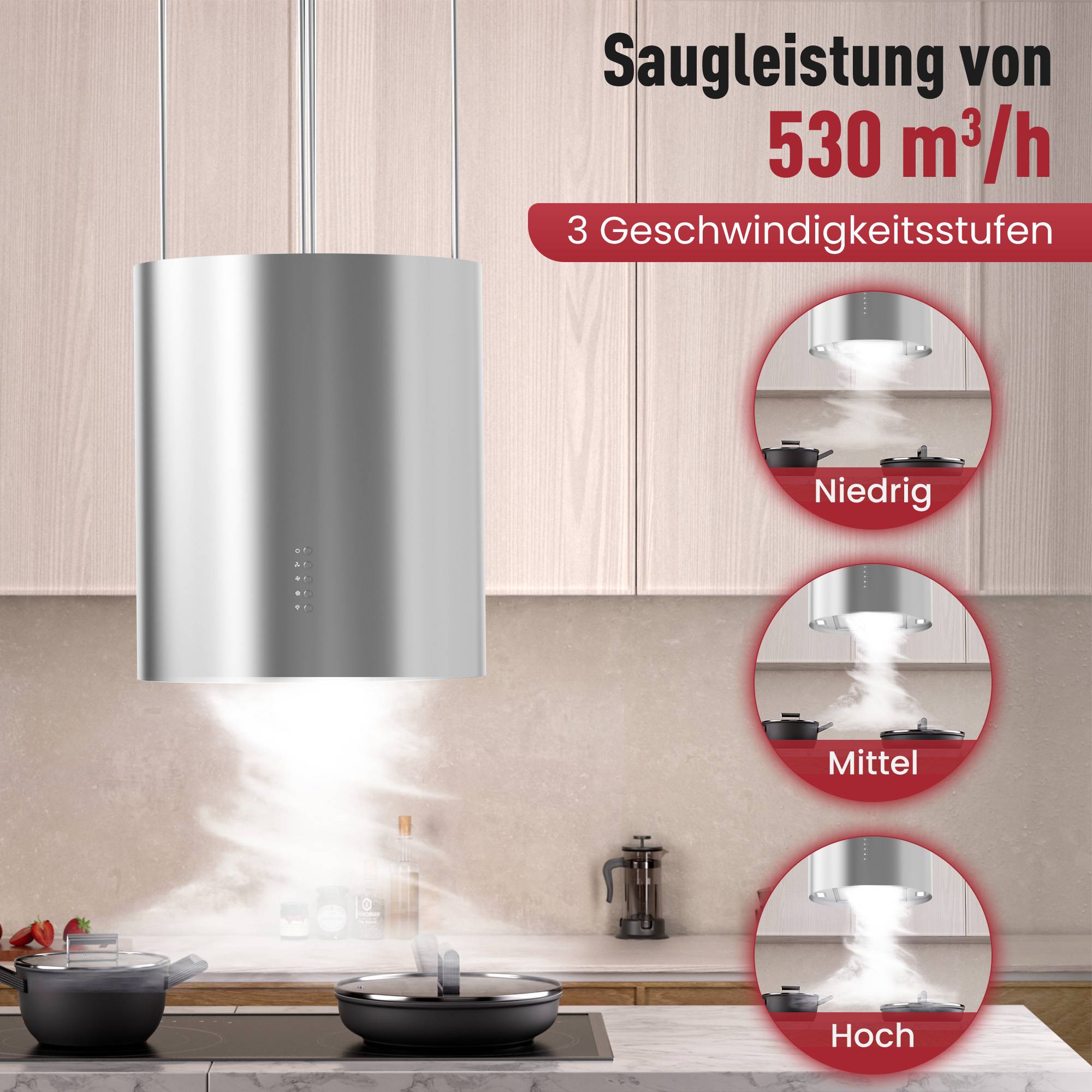 Dunstabzugshaube für die Küche mit einer Saugleistung von 530 m³/h und 3 Geschwindigkeitsstufen: niedrig, mittel, hoch.