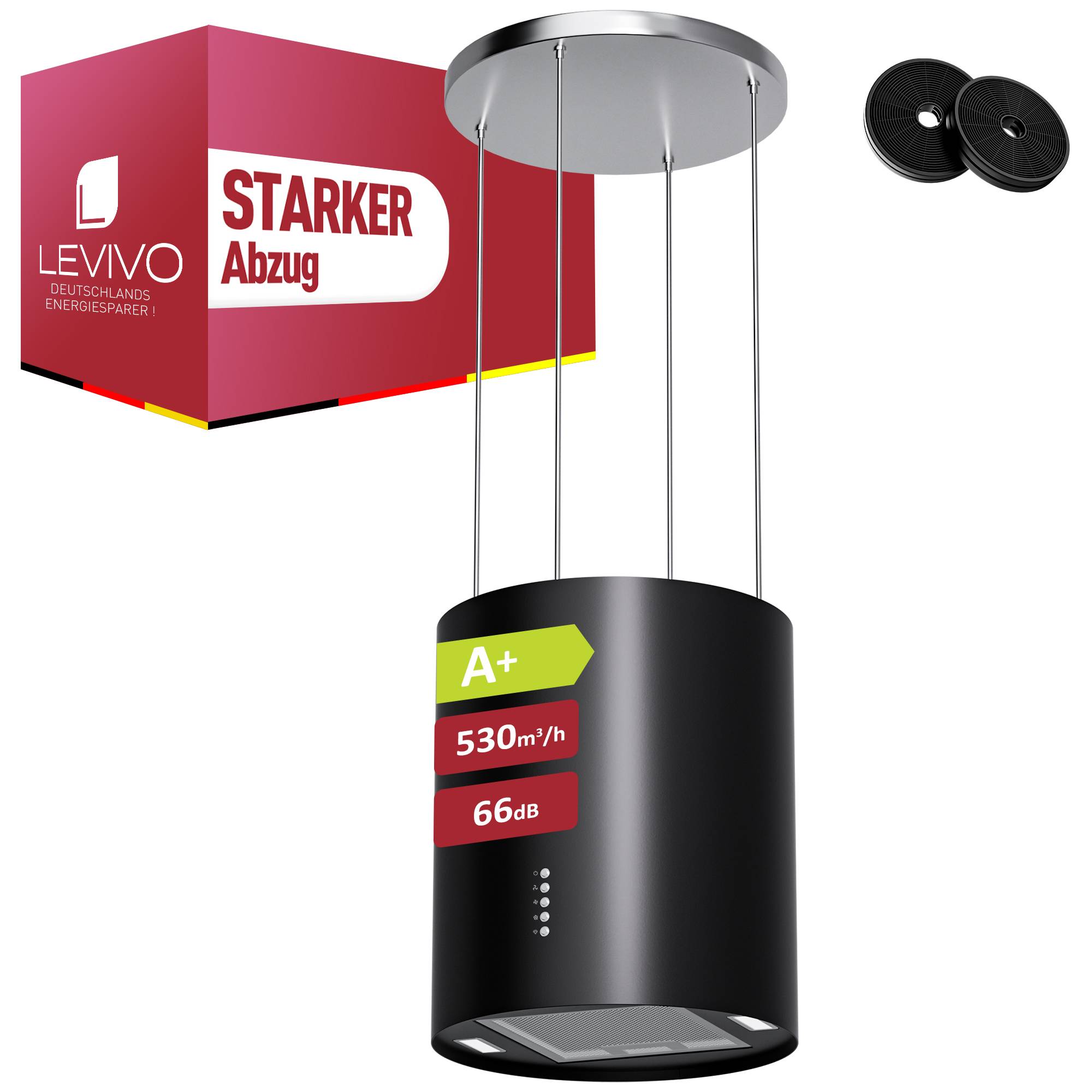 Produktbild einer schwarzen zylindrischen Inselhaube mit Edelstahlseilen, gekennzeichnet mit A+, 530 m³/h, 66 dB und „Starker Abzug