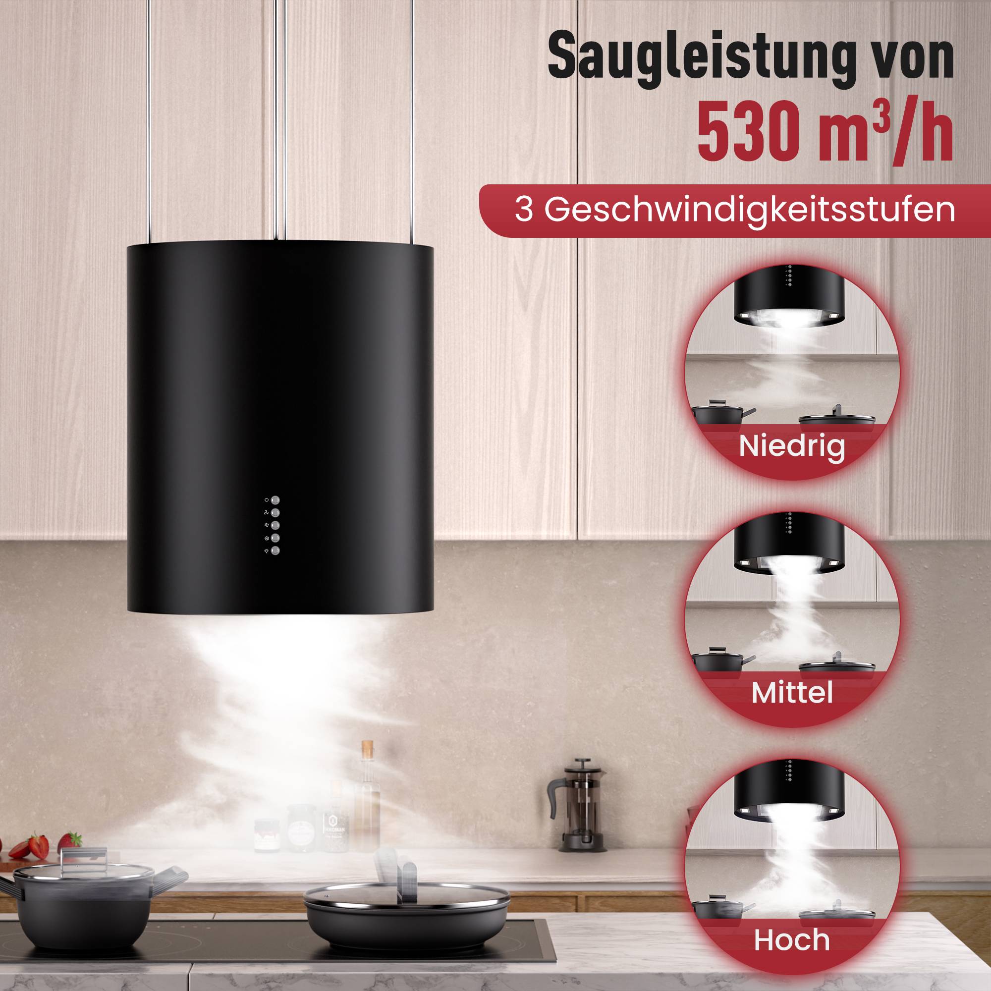 Schwarze wandmontierte Dunstabzugshaube über einem Küchenherd, mit deutschem Text, der eine Ansaugleistung von 530 m³/h und 3 Geschwindigkeitsstufen anzeigt: niedrig, mittel, hoch.
