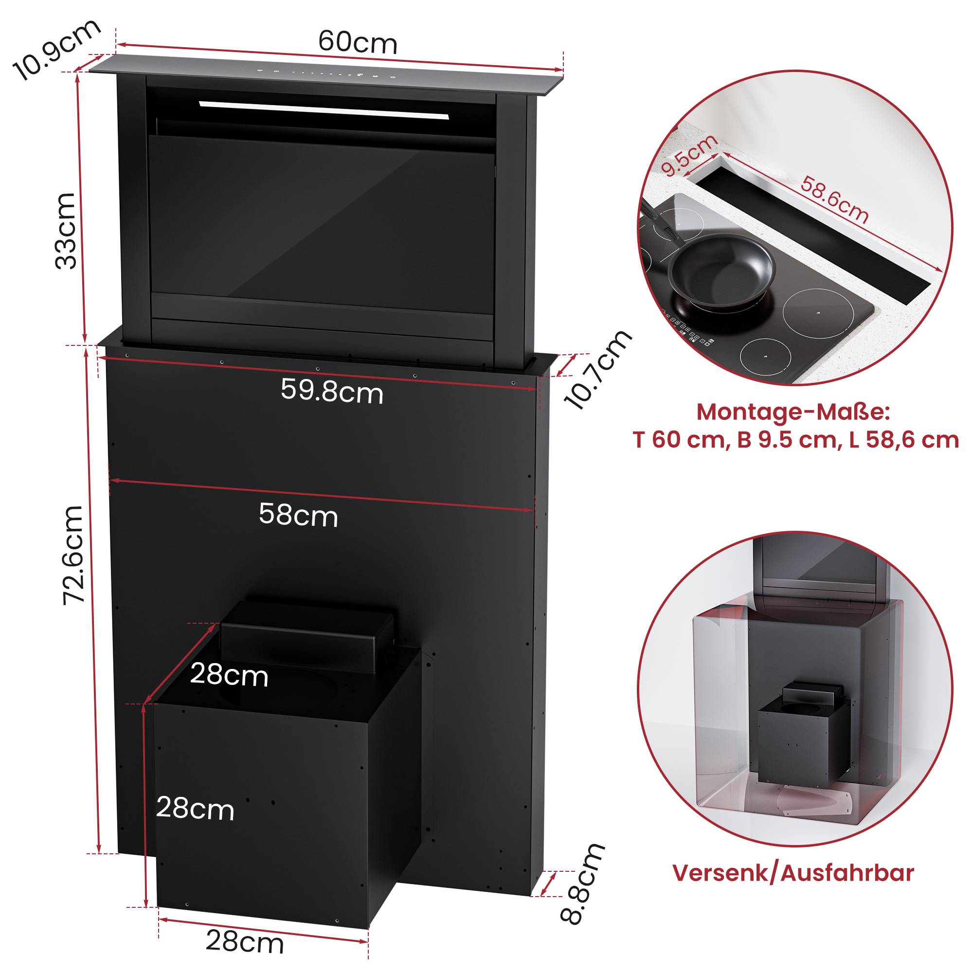 # Dimensioniertes Produktdiagramm eines schwarzen Wandschranks oder einer Kiosk-Einheit, das die Gesamtgröße von 60 cm Breite und 72,6 cm Höhe zeigt, mit eingefügten Montagemaßen und einem Schubfach zum Ein- und Ausfahren.