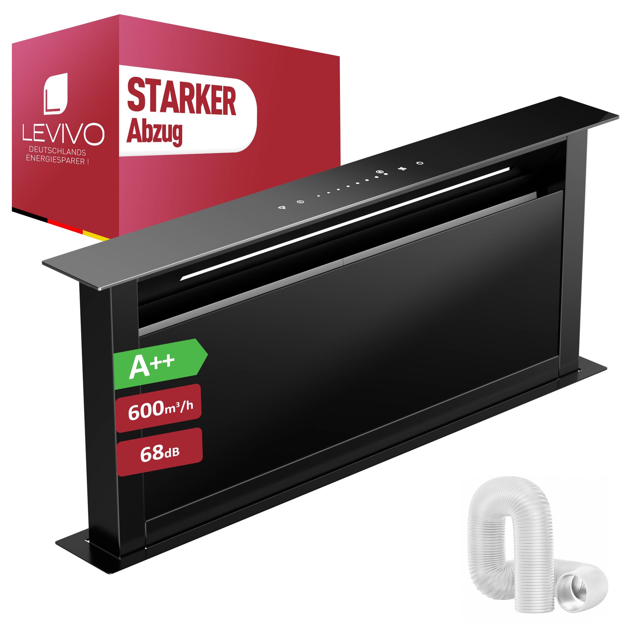 Schwarze Einbau-Dunstabzugshaube mit LED-Bedienfeld und Kennzeichnungen 'A++', '600 m3/h' und '68 dB'; Produktbox und Rohrsystem werden gezeigt.