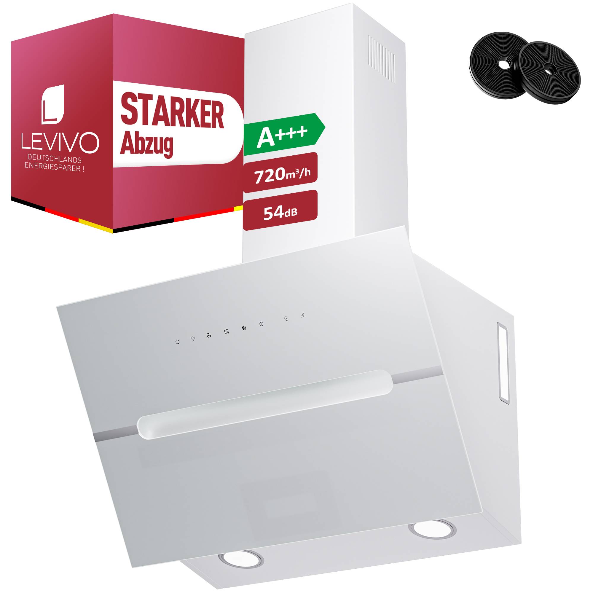 Weiße wandmontierte Dunstabzugshaube mit Produktbox zeigt „STARKER Abzug