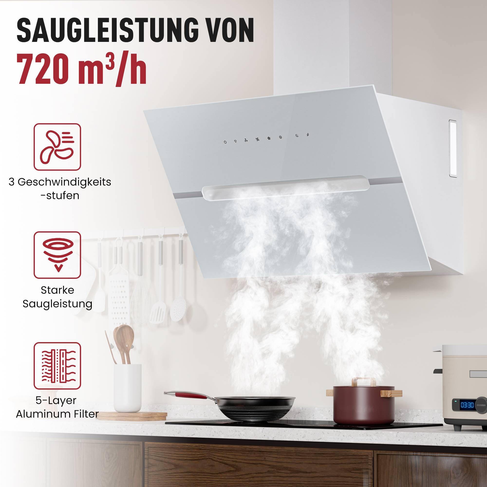 Dunstabzugshaube mit einer Saugleistung von 720 m³/h, ausgestattet mit 3 Geschwindigkeitsstufen und einem 5-schichtigen Aluminium-Filter, der Dampf über dem Kochfeld absaugt.