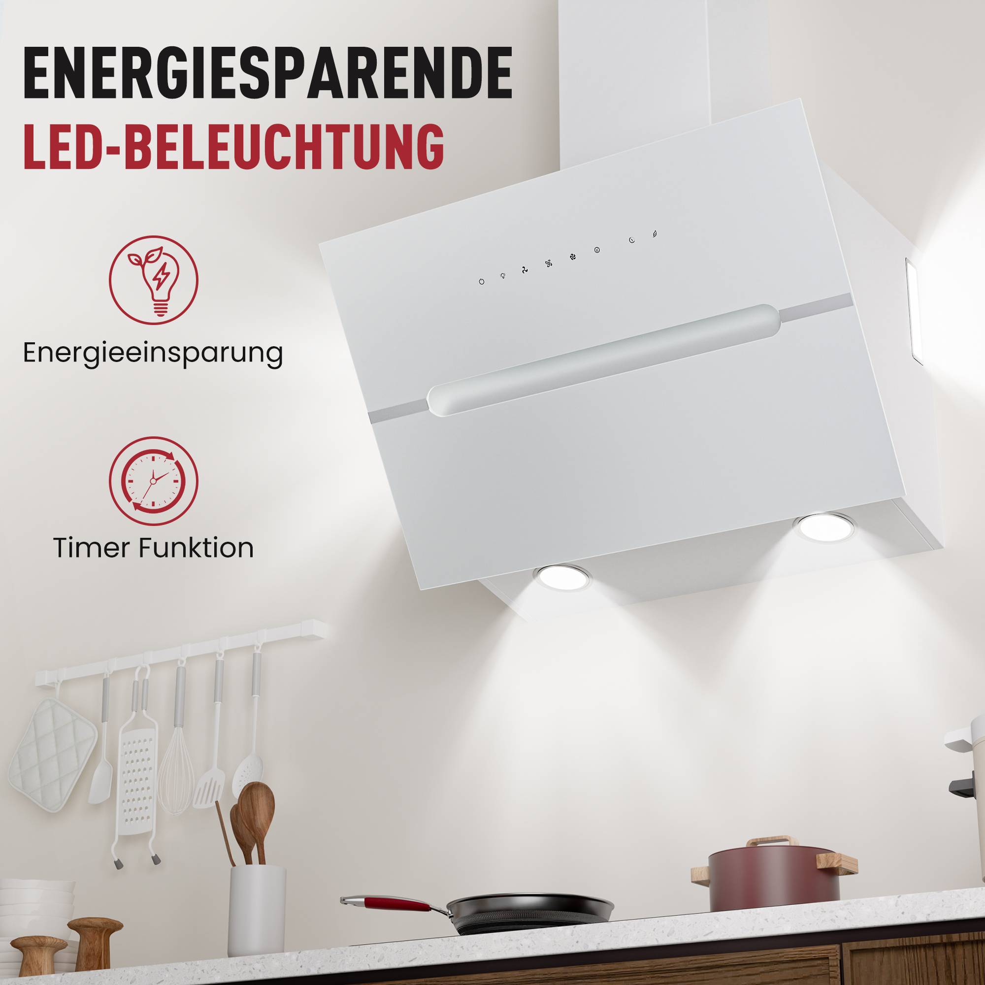 Dunstabzugshaube für die Küche mit Anzeige von „ENERGIESPARENDE LED-BELEUCHTUNG