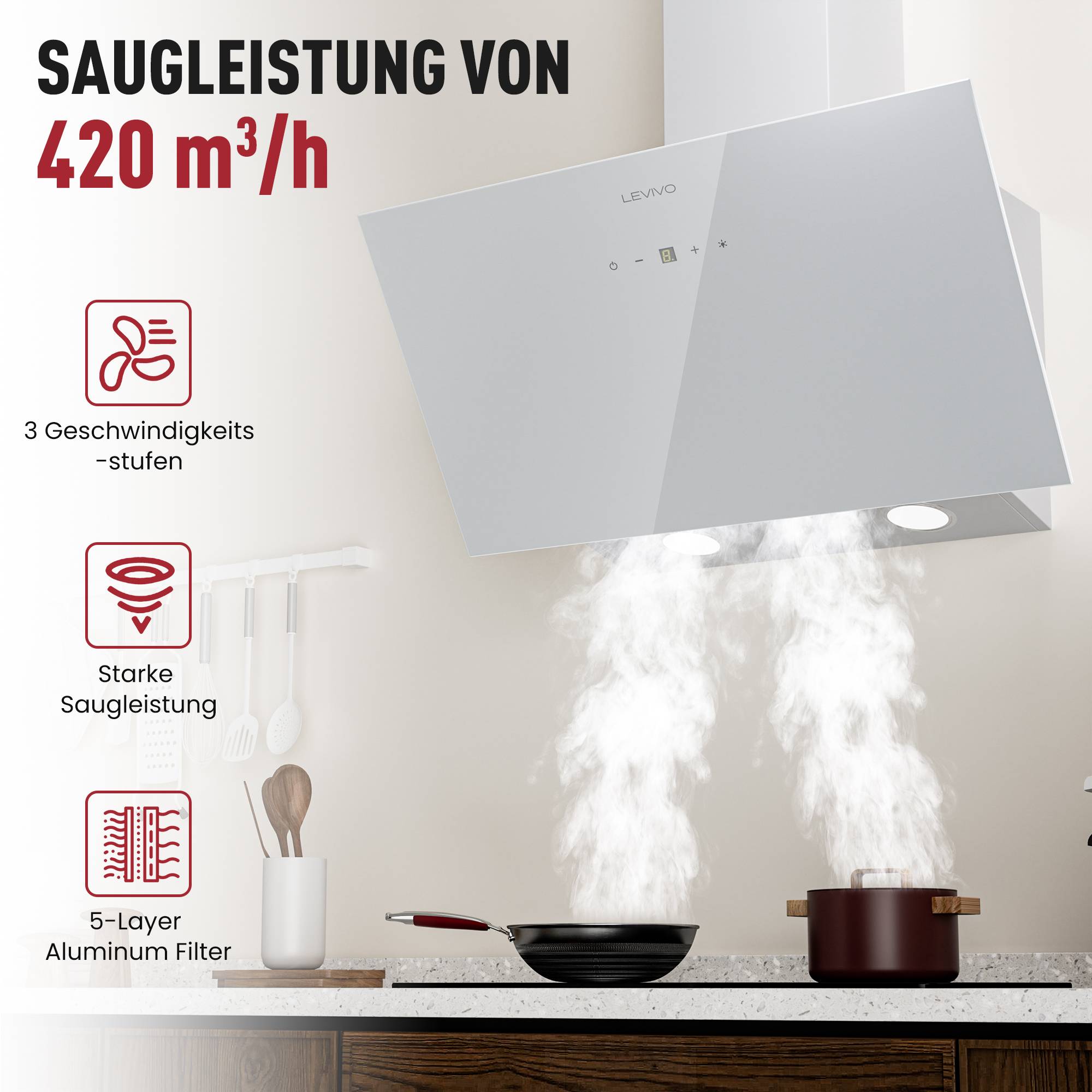 Dunstabzugshaube für die Küche mit einer Saugleistung von 420 m³/h, 3 Geschwindigkeitsstufen, starker Extraktion und 5-lagigem Aluminiumfilter, dargestellt über dampfenden Töpfen.