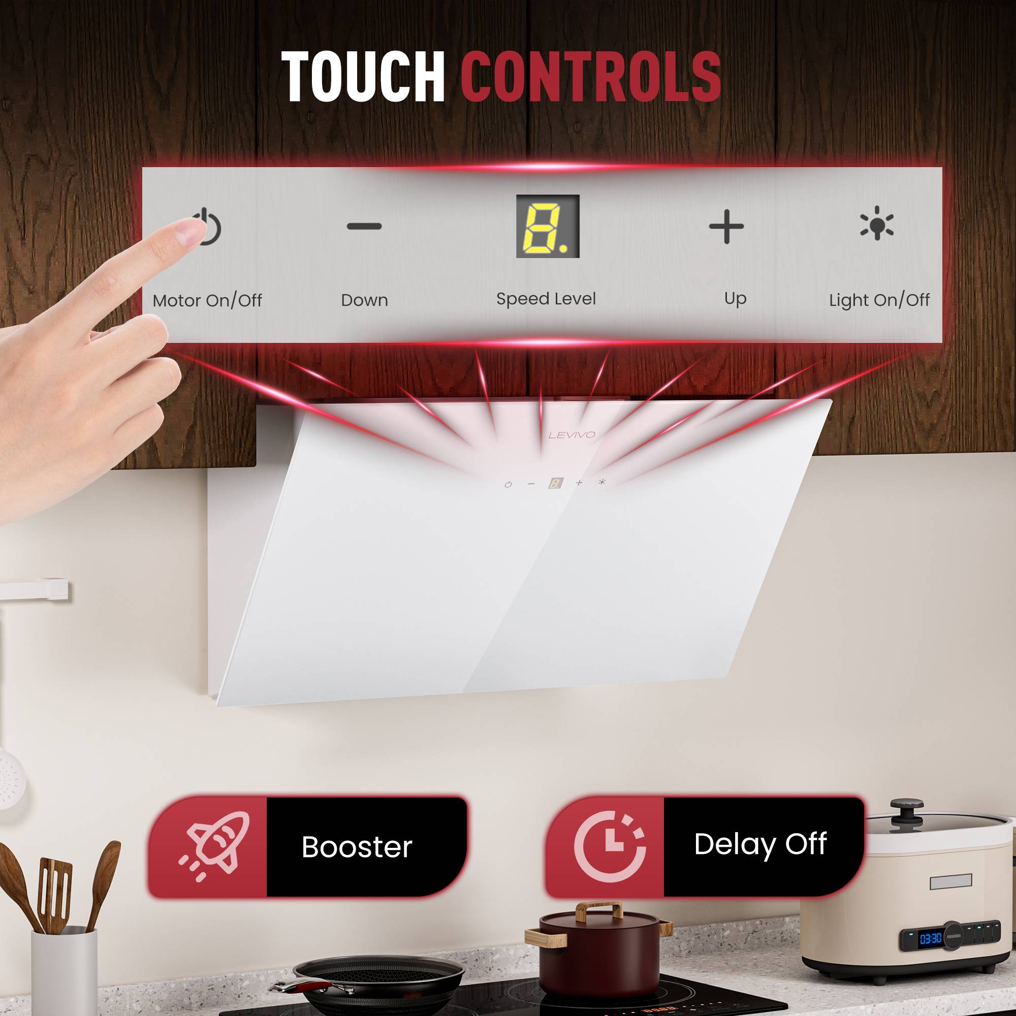Touchbedienfeld für eine Dunstabzugshaube mit Ein-/Ausschalter für Motor, Abwärts, Geschwindigkeitsstufe, Aufwärts und Ein-/Ausschalter für Licht, sowie Booster- und Verzögerungsausschalt-Tasten unten.