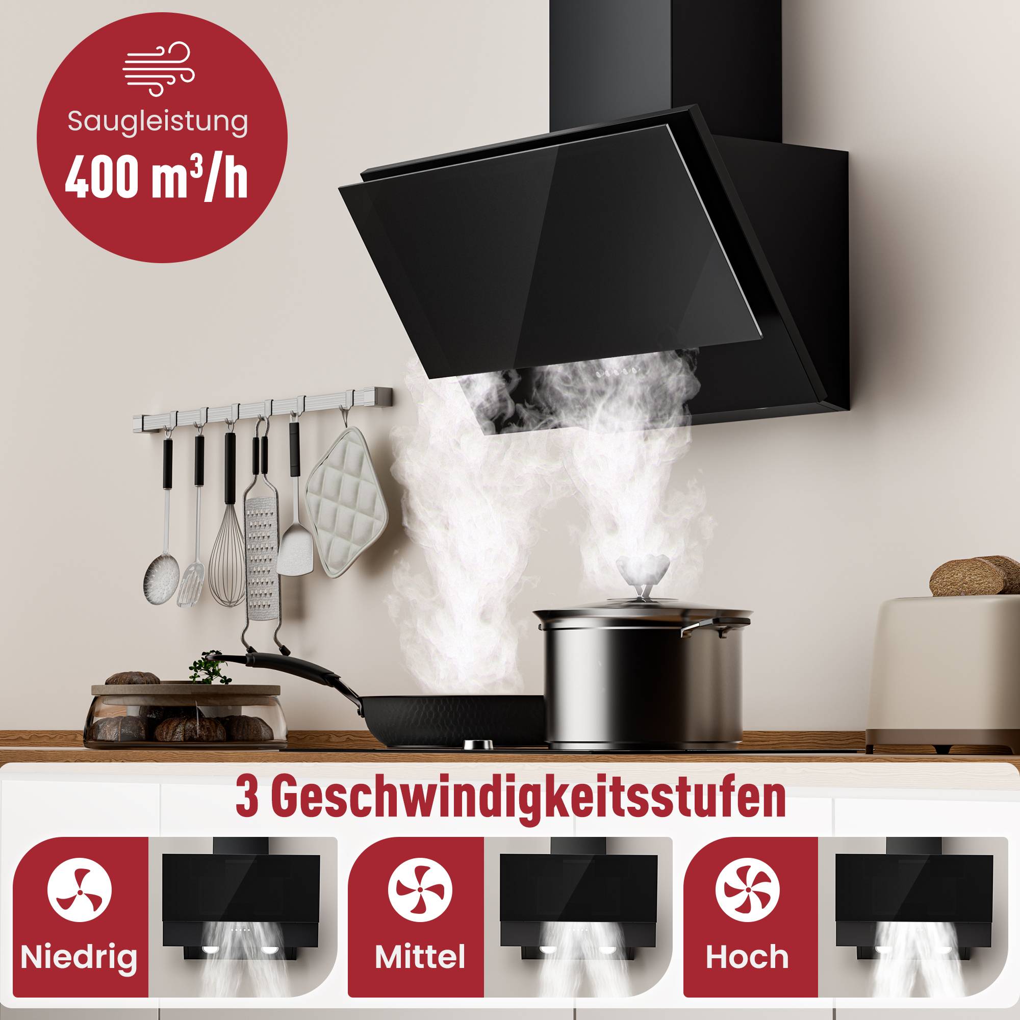 Dunstabzugshaube mit starker Saugleistung, beschriftet mit „Saugleistung 400 m³/h