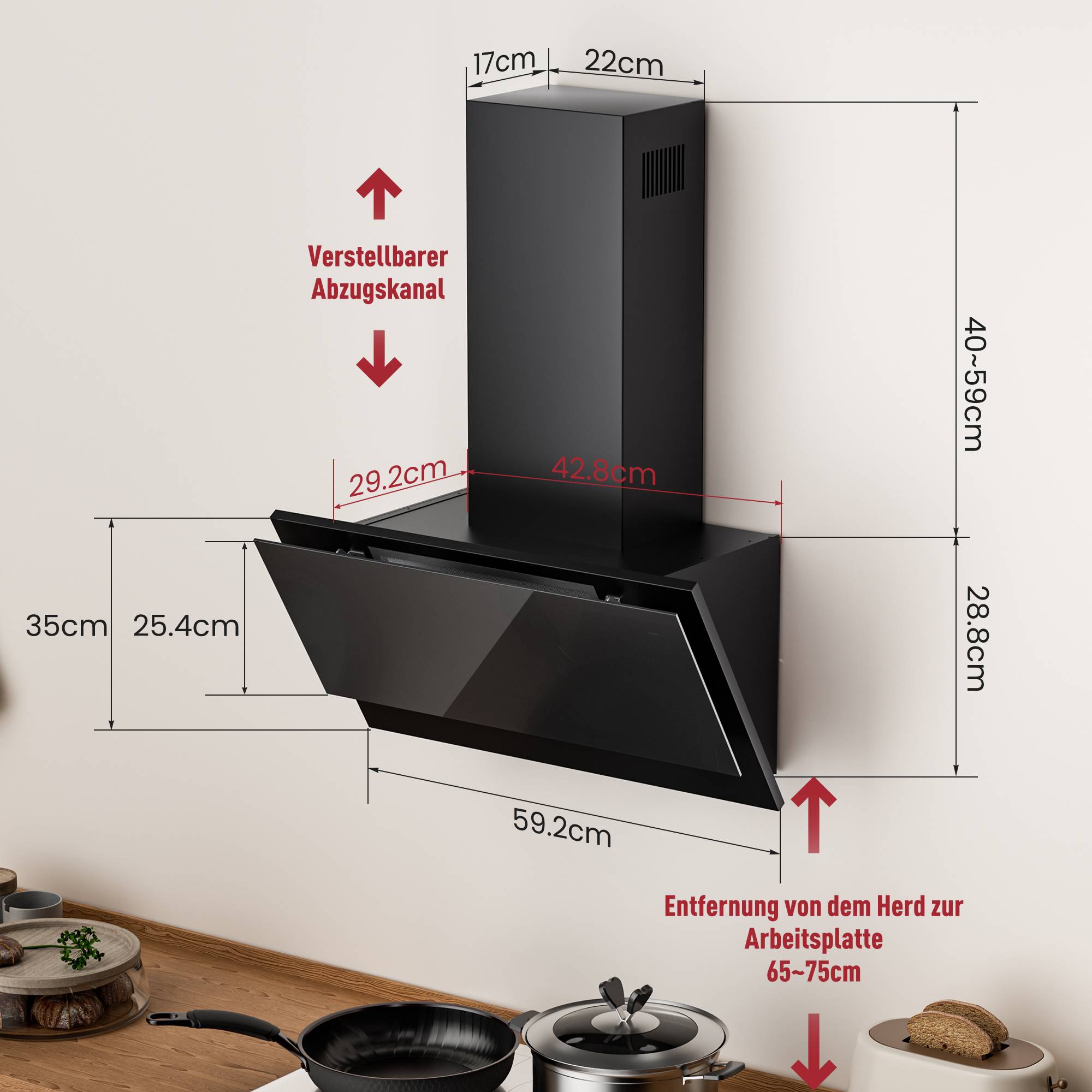 Schwarze an der Wand montierte Dunstabzugshaube für die Küche mit verstellbarem Rohr, dargestellt mit Abmessungen und Installationsfreiraum-Richtlinien.
