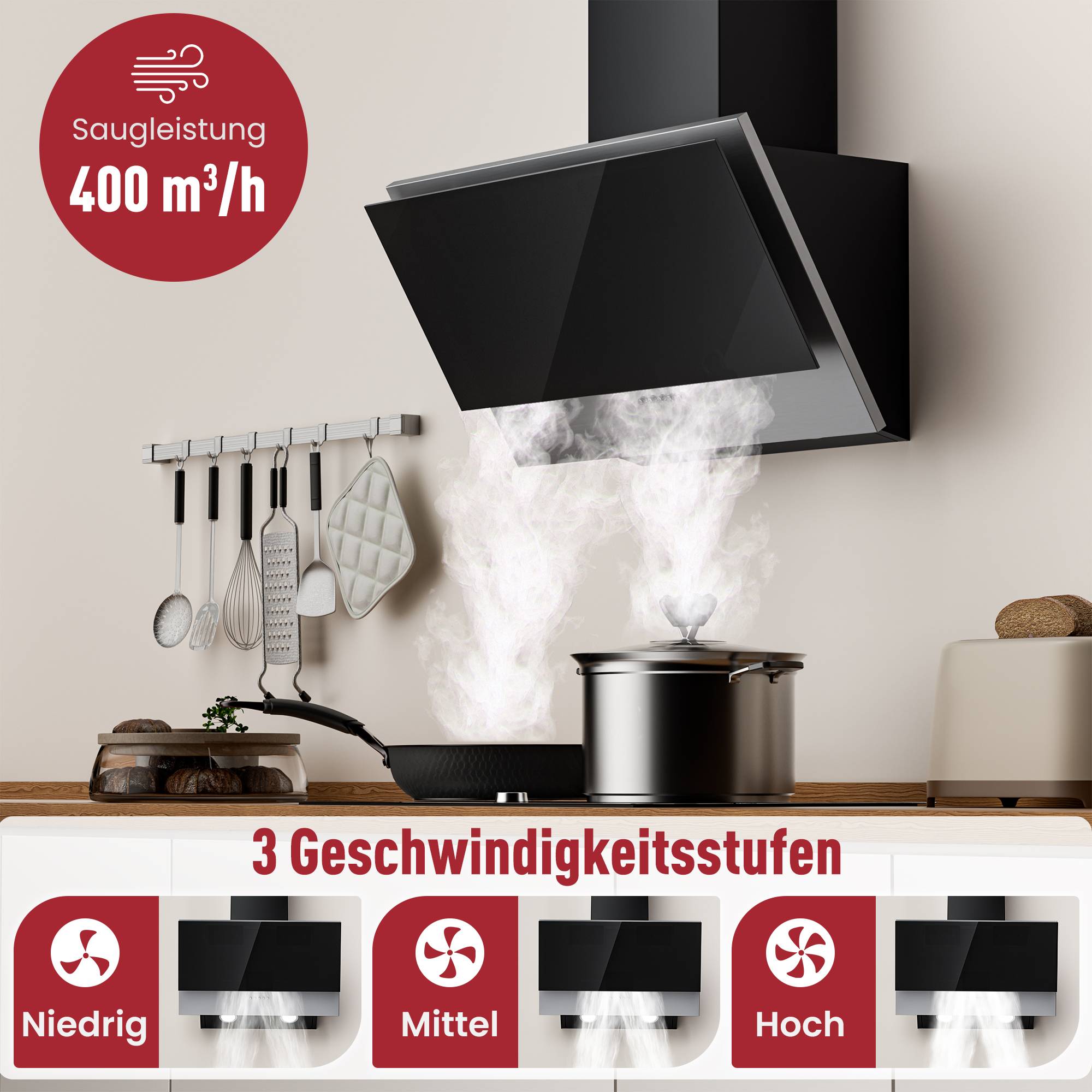 Küchenabzugshaube-Anzeige mit einer schwarz an der Wand angebrachten Dunstabzugshaube über einem dampfenden Topf, beschriftet mit 