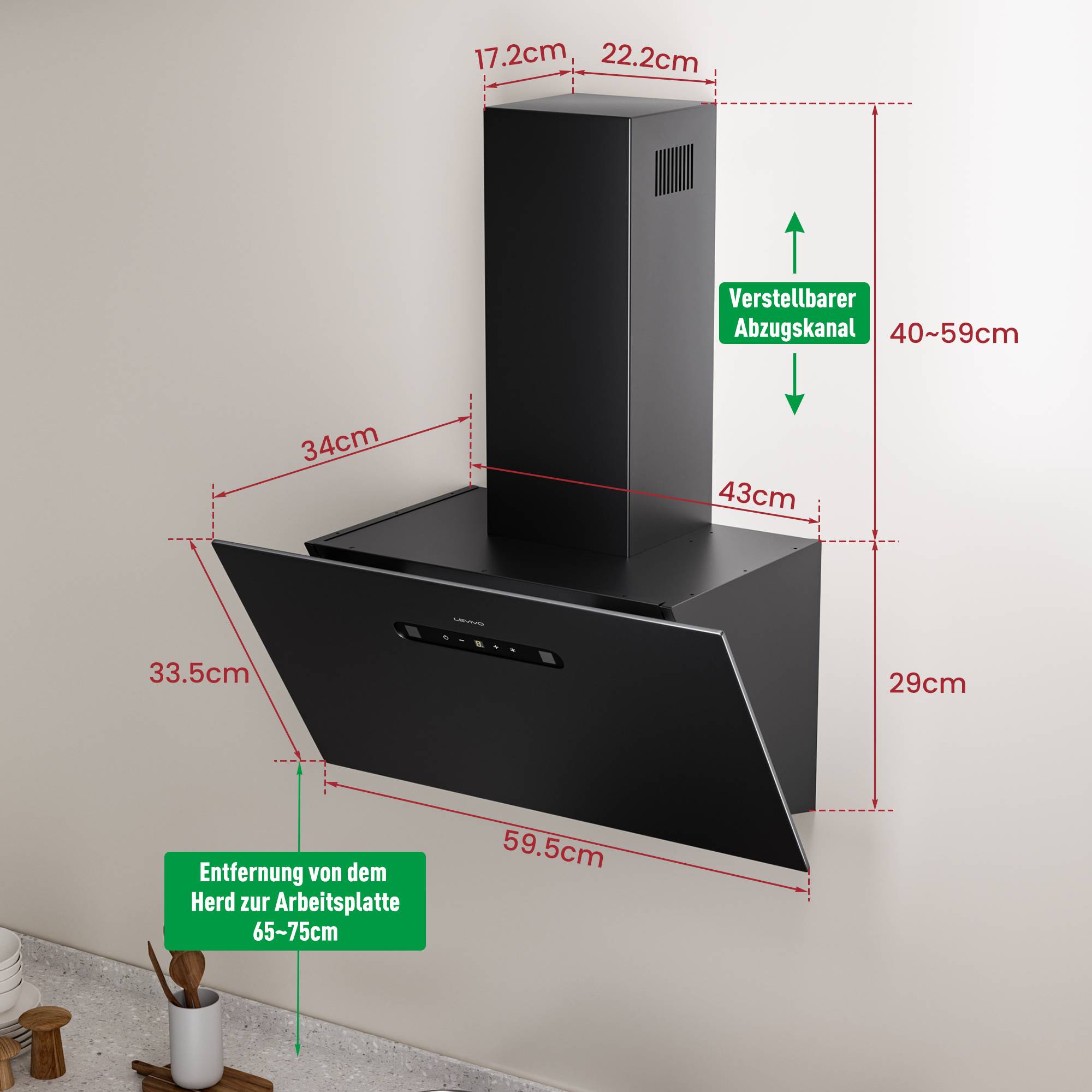 Schwarze wandmontierte Dunstabzugshaube mit verstellbarem Rohrsystem; Abmessungen gekennzeichnet: 59,5 cm breit, 29 cm hoch, 40–59 cm Rohr und 65–75 cm über der Kochfläche.