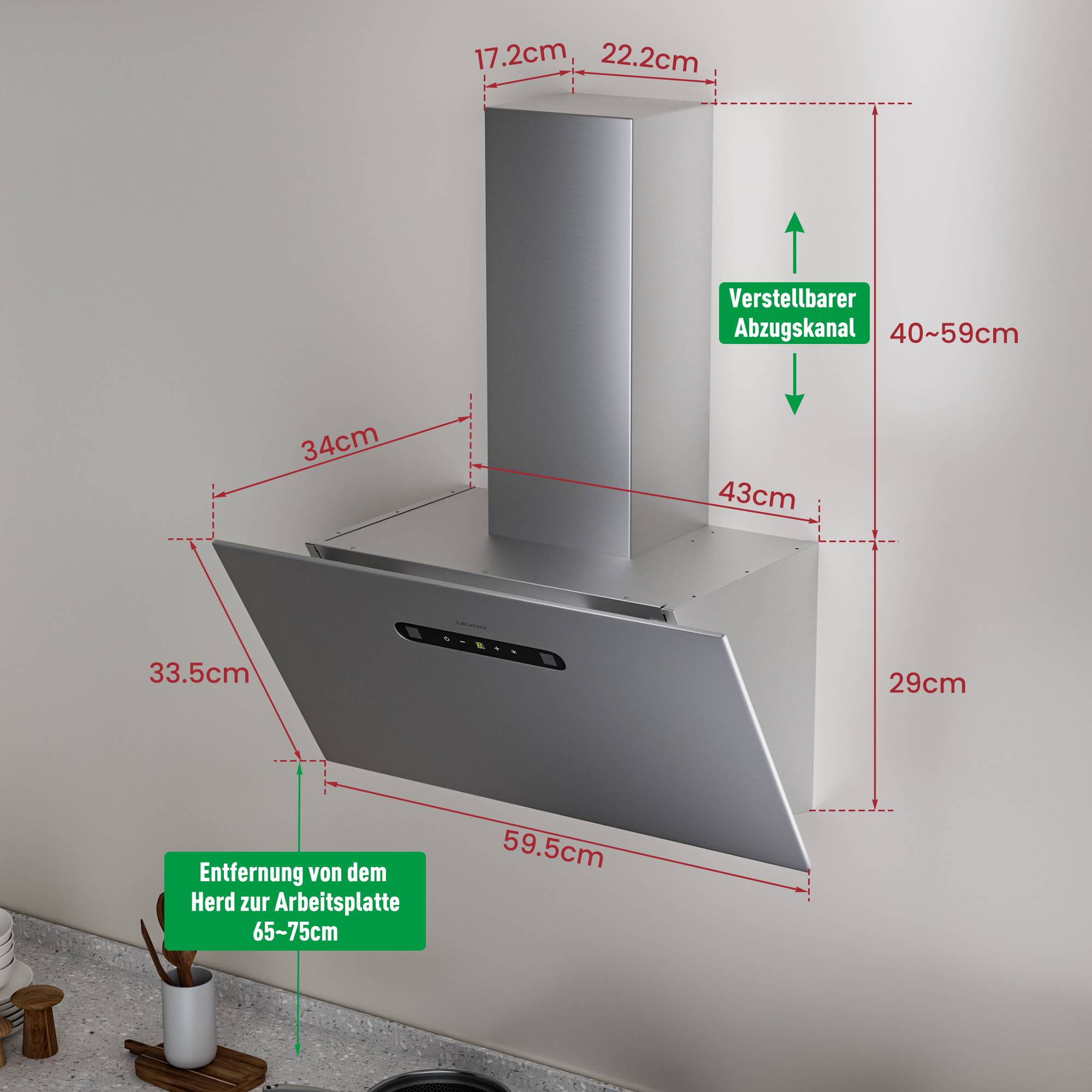 Annotierte wandmontierte Dunstabzugshaube mit verstellbarem Kanal, zeigt Abmessungen und erforderlichen Abstand von Herd zu Arbeitsplatte von 65-75 cm.