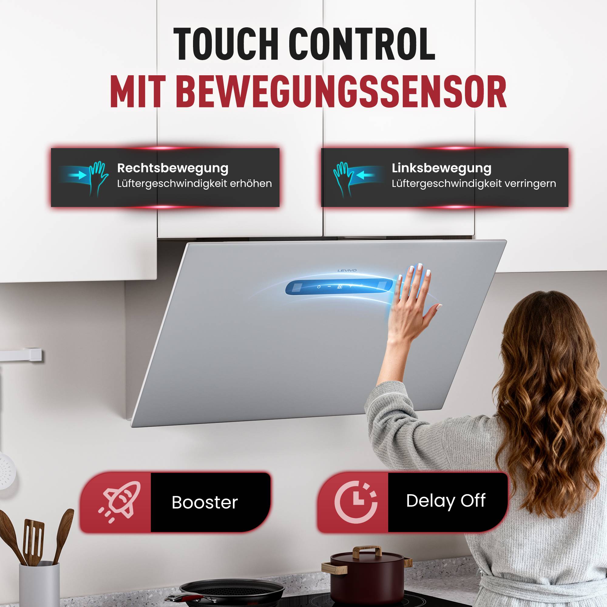 Dunstabzugshaube mit Touchsteuerung und Bewegungssensor; Nach rechts wischen erhöht die Lüftergeschwindigkeit, nach links wischen verringert sie, mit angezeigten Booster- und Verzögertes Ausschalten-Modi.