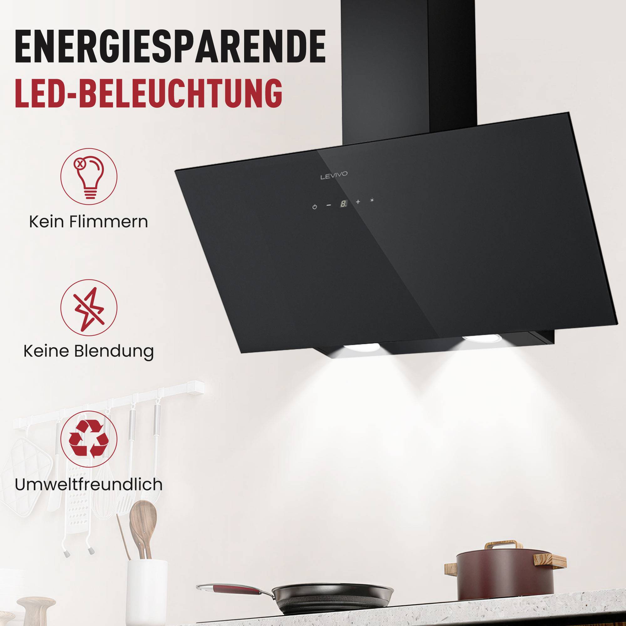 Werbebild einer schwarzen Dunstabzugshaube mit der Aufschrift „ENERGIESPARENDE LED-BELEUCHTUNG