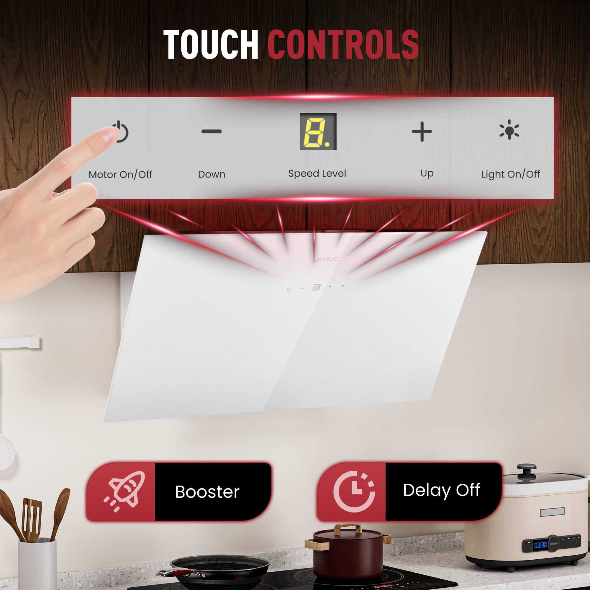 Bedienfeld mit Touchsteuerung für Dunstabzugshaube mit Power-, Runter-, Geschwindigkeitsstufen-, Oben- und Licht-Tasten; eine Hand betätigt Motor Ein/Aus, und Funktionsabzeichen zeigen Booster und Verzögertes Ausschalten an.