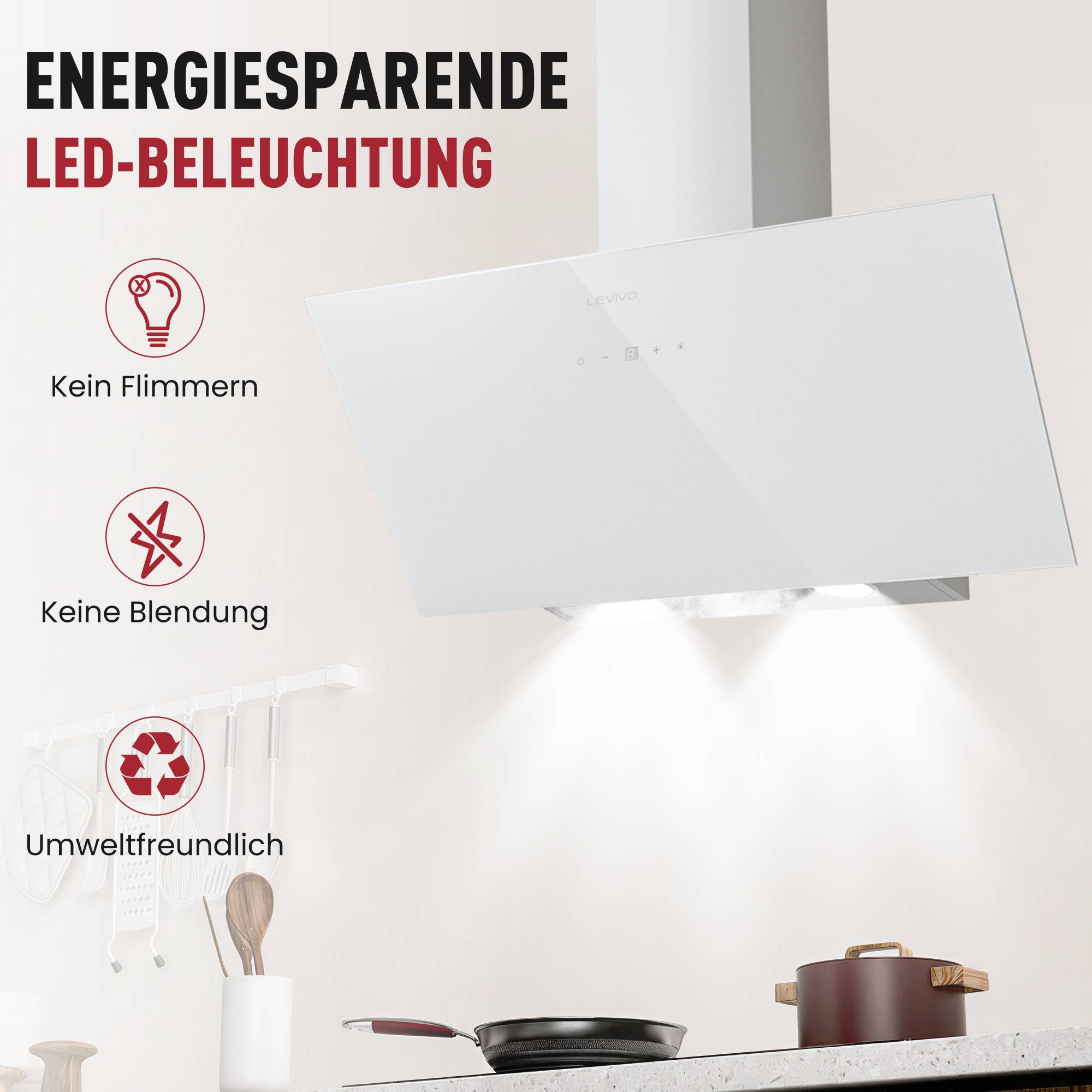 LEVIVO A+++ Kopffreie Dunstabzugshaube 80cm Umluft & Abluft 420m³/h