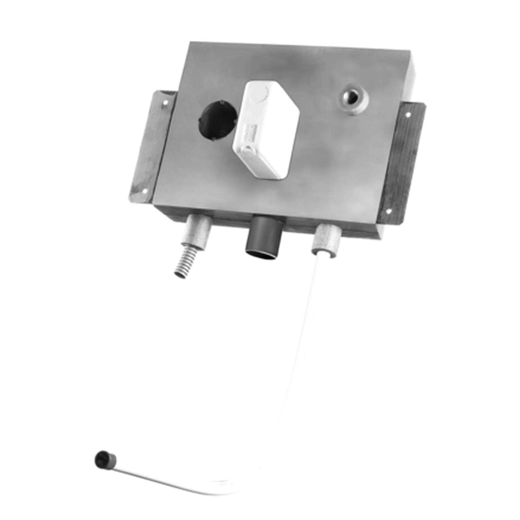 Metallische mechanische Schloßbaugruppe mit einer weißen Klinke und einem Kabel, dargestellt auf einem schlichten weißen Hintergrund.