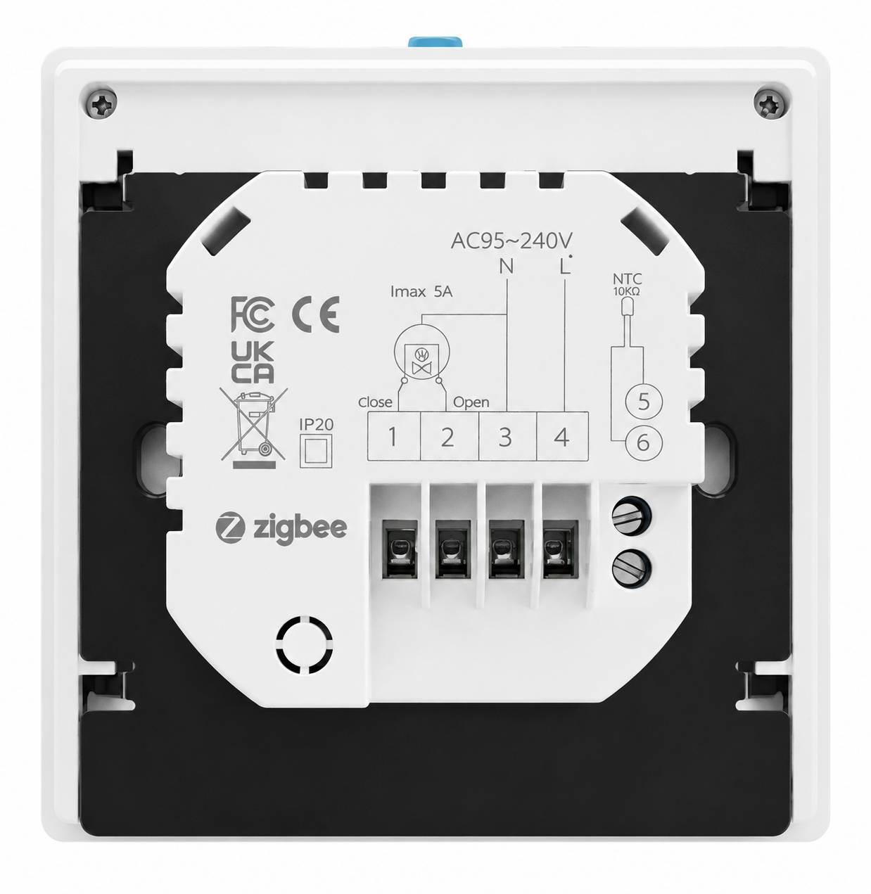 Zigbee-Wandschaltermodul 95-240V AC mit beschrifteten Anschlüssen 1-6, Schaltschema für Schließung/Öffnung und Zertifizierungszeichen auf dem Gerät.