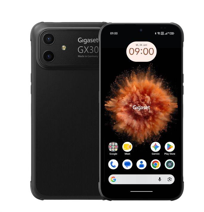 Vorder- und Rückansicht eines schwarzen Gigaset GX30 Smartphones, das Dual-Rückkameras und einen Startbildschirm mit App-Symbolen und 09:00 Uhrzeit zeigt.